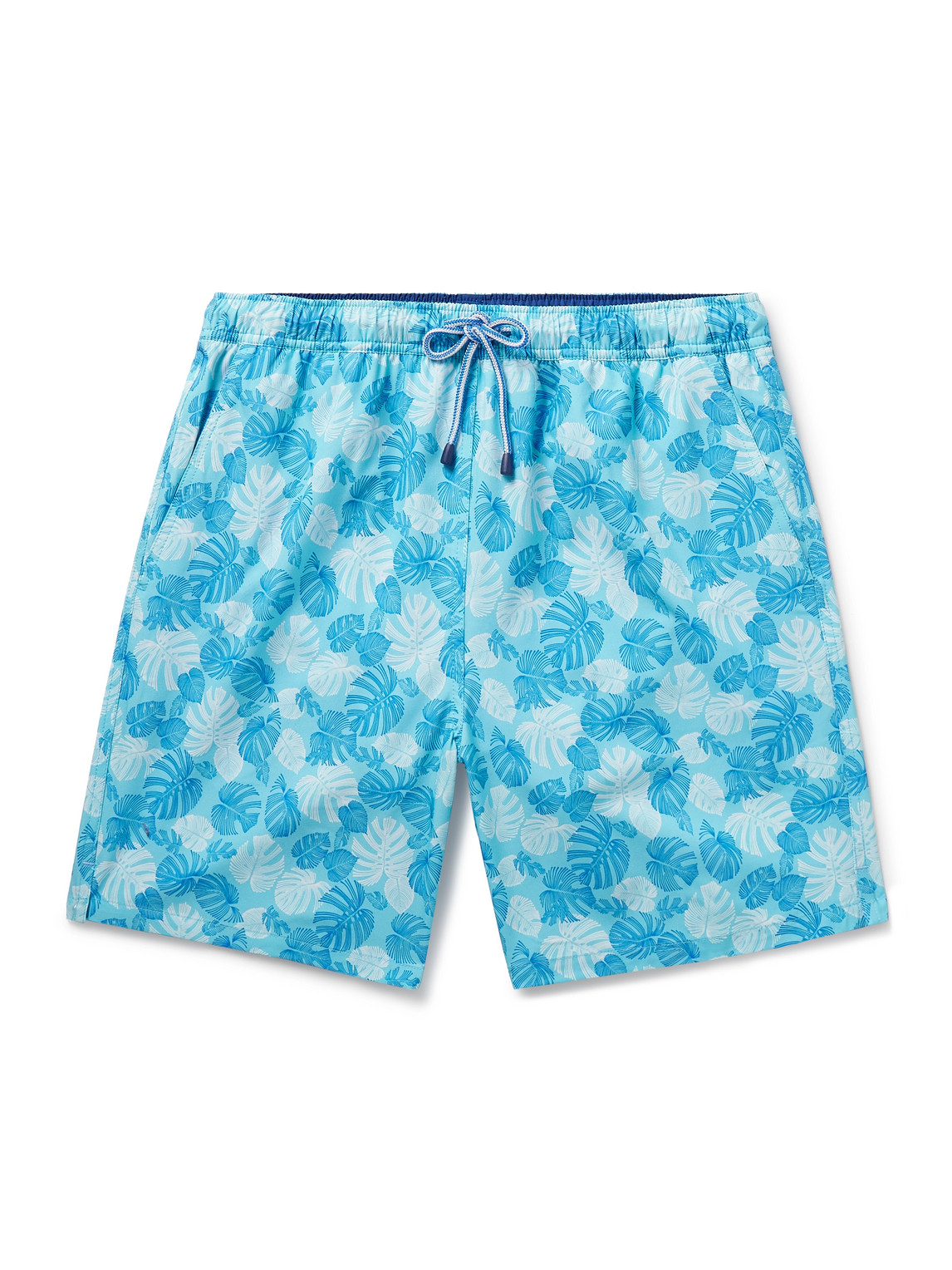 Shop Peter Millar Linework Straight-leg Mid-length Printed Swim Shorts In Blue