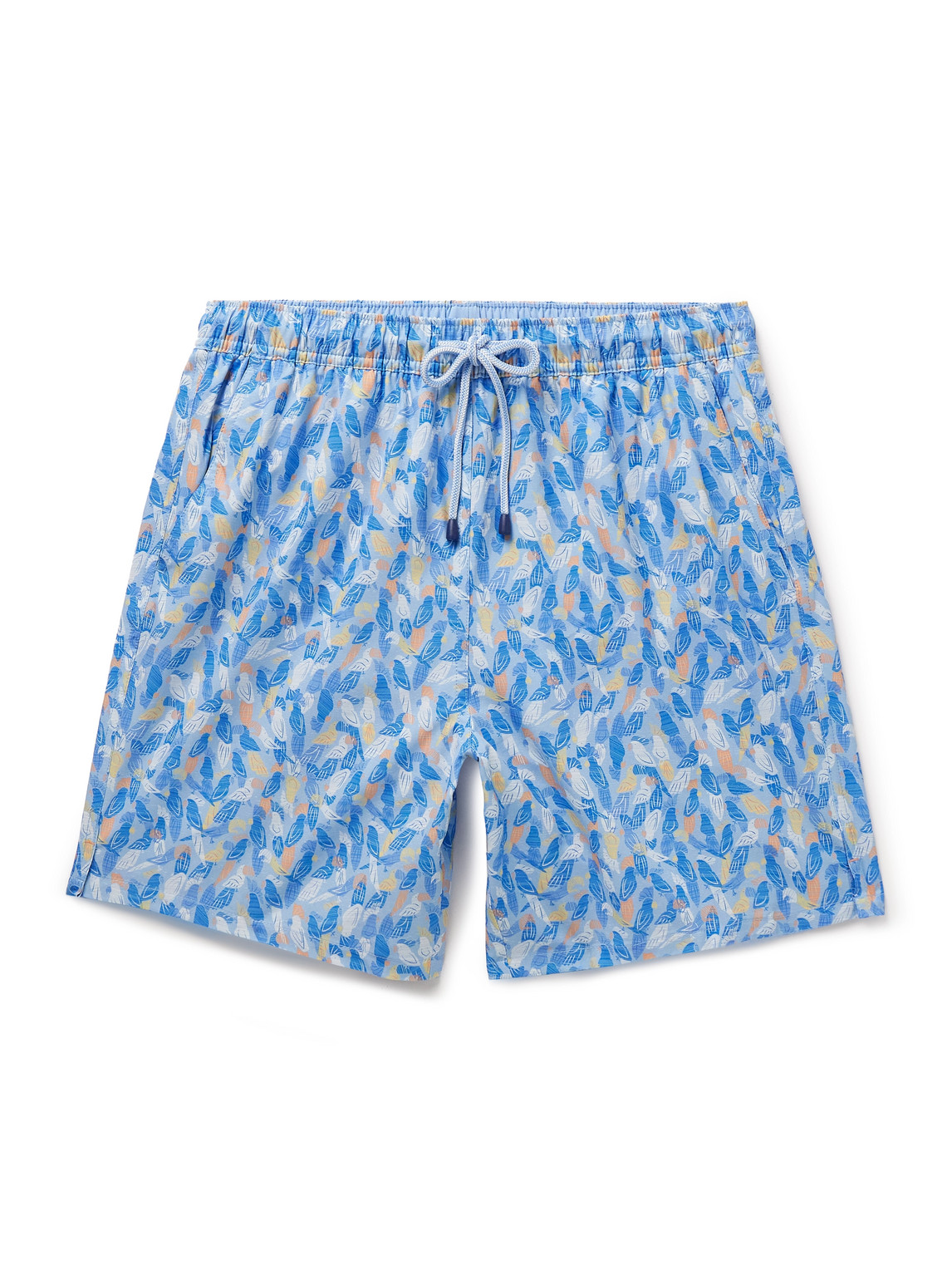 Shop Peter Millar Parrot Talk Straight-leg Mid-length Printed Swim Shorts In Blue