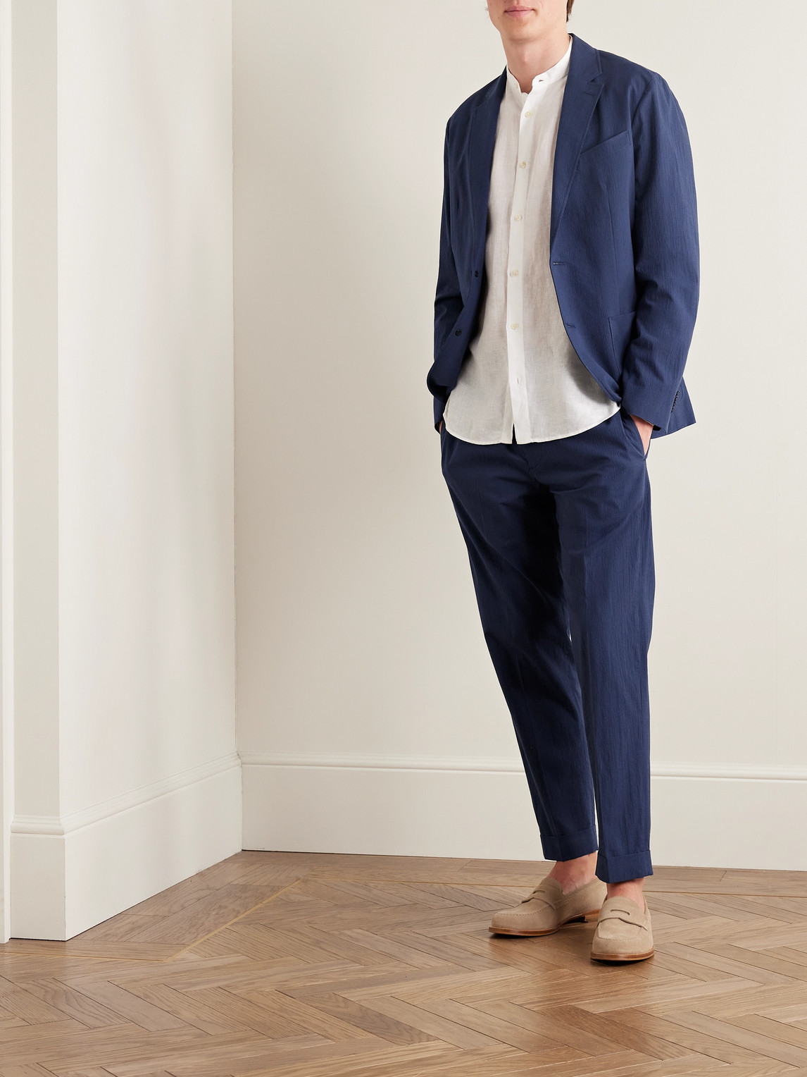 Shop Club Monaco Slim-fit Unstructured Cotton-blend Seersucker Blazer In Blue