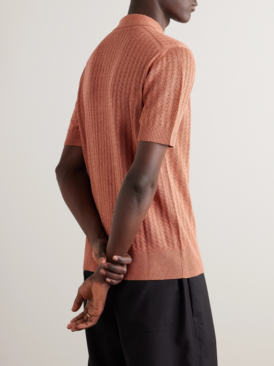 Shop Piacenza 1733 Pointelle-knit Silk And Linen-blend Polo Shirt In Orange