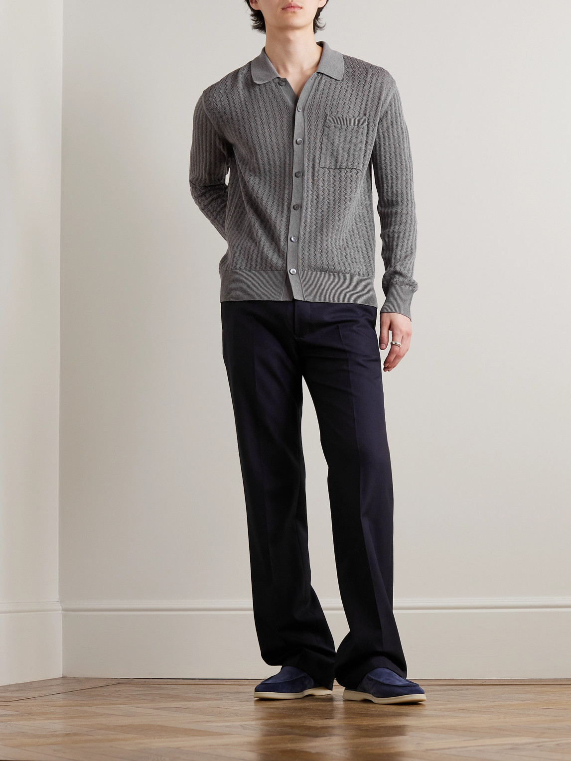 Shop Piacenza 1733 Pointelle-knit Silk And Linen-blend Shirt In Gray