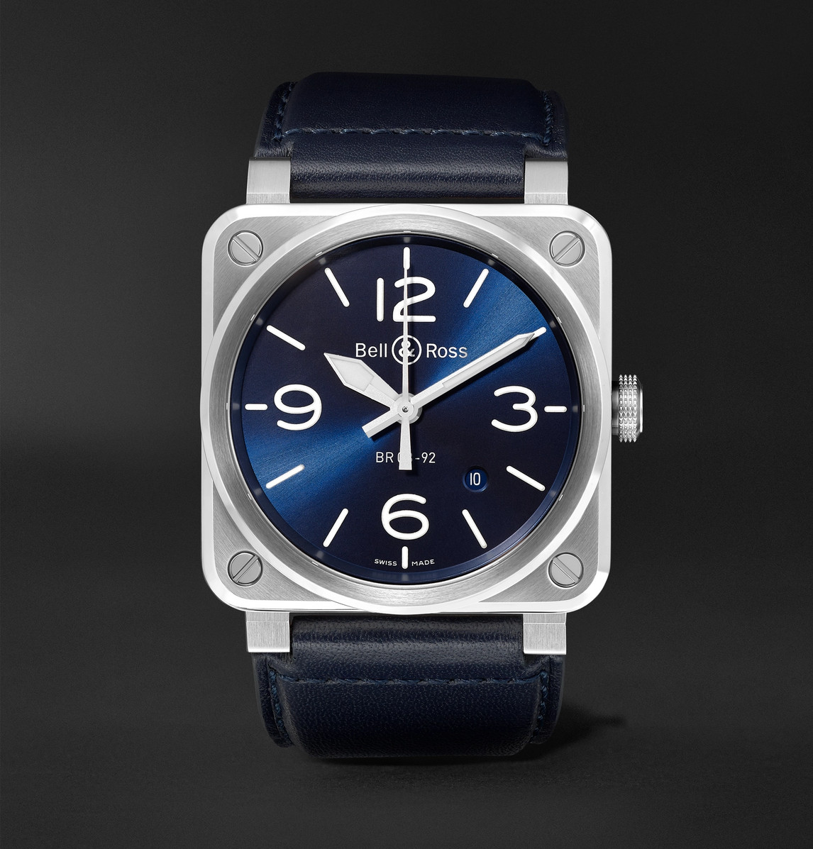 Bell & Ross Br 03-92 Blue Steel Automatic 42mm Steel And Leather Watch, Ref. No. Br0392-blu-st/sca