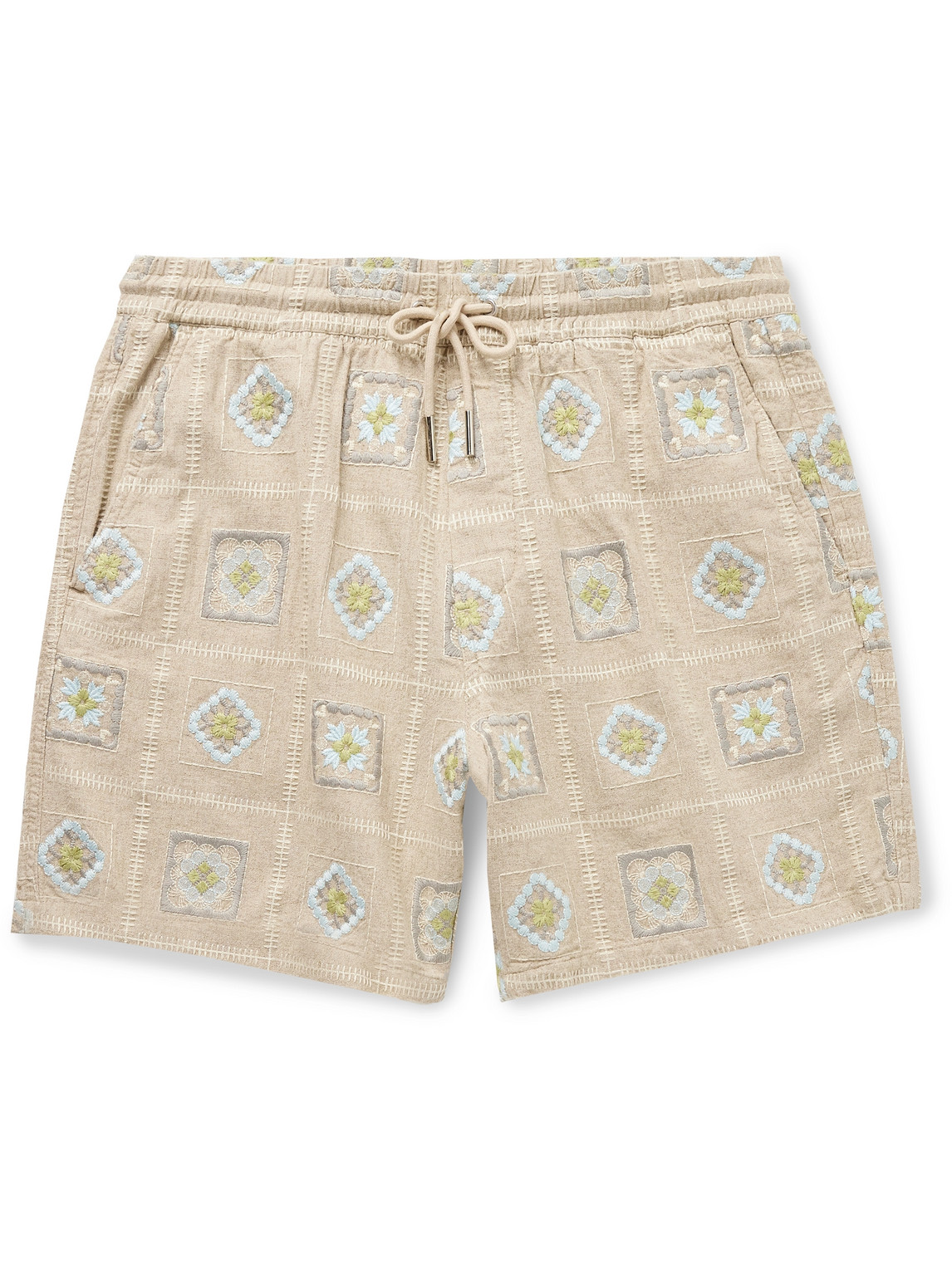 Nn07 Gregor 5398 Straight-leg Embroidered Linen-blend Drawstring Shorts In Neutrals