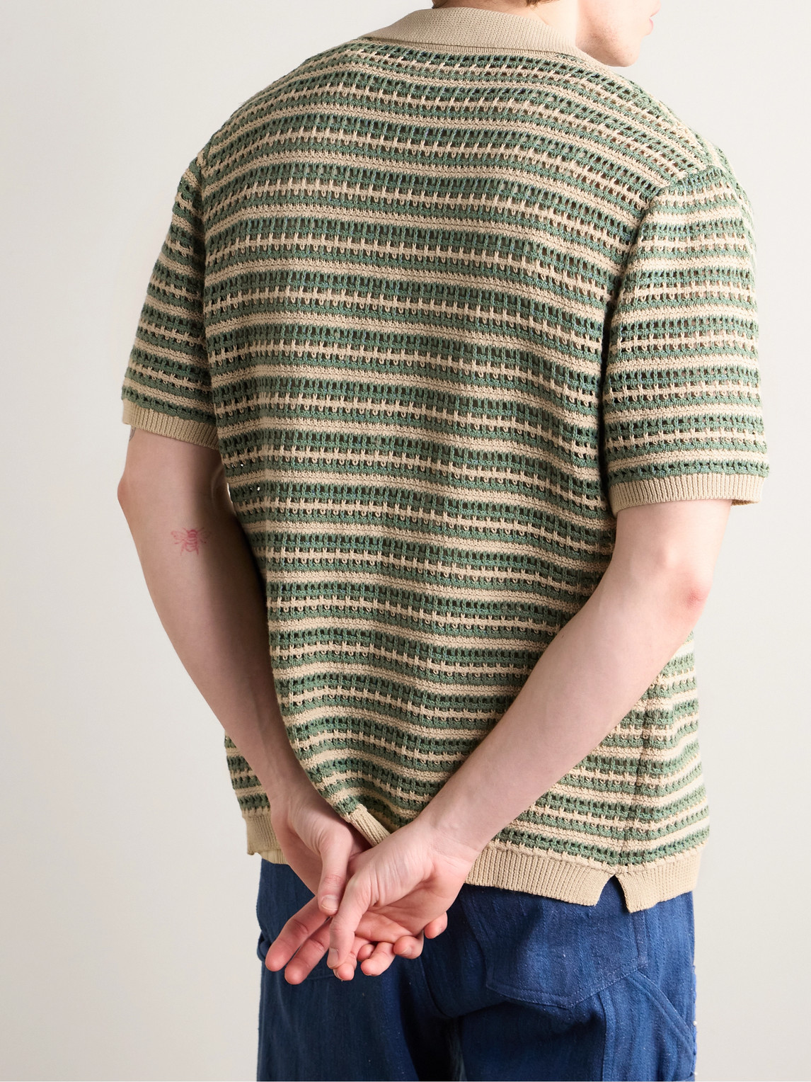 Shop Nn07 Henry 6636 Camp-collar Striped Crocheted Organic Cotton Shirt In Green