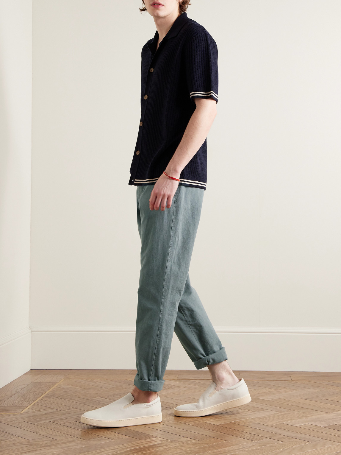 Shop Hartford Tyron Slim-fit Straight-leg Cotton And Linen-blend Twill Trousers In Green