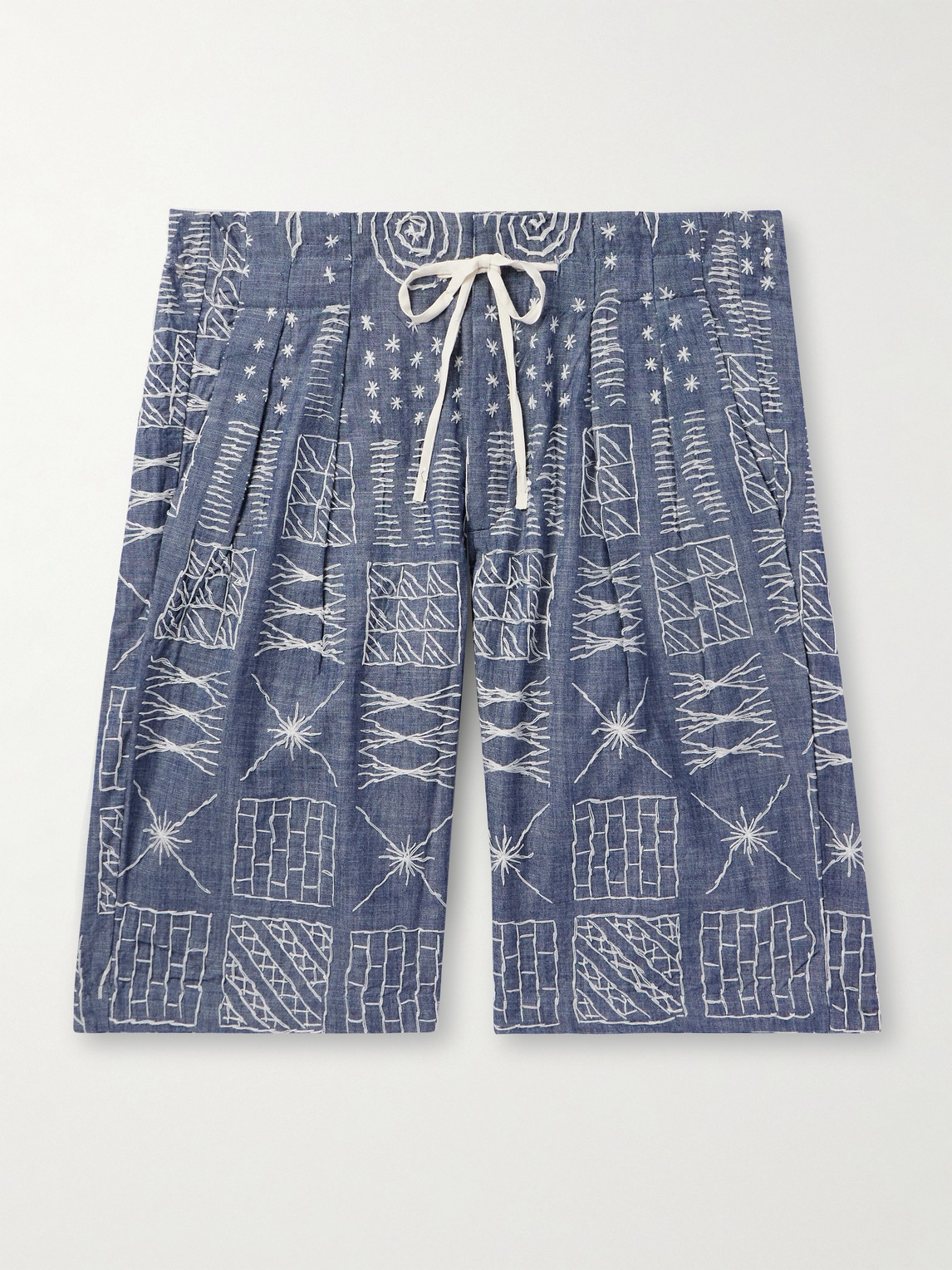 Wide-Leg Pleated Embroidered Cotton-Chambray Drawstring Shorts