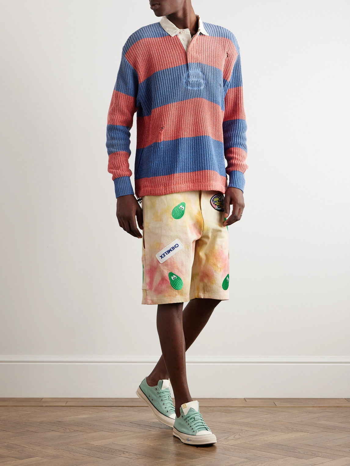 Straight-Leg Embroidered Appliquéd Tie-Dyed Denim Shorts — 2