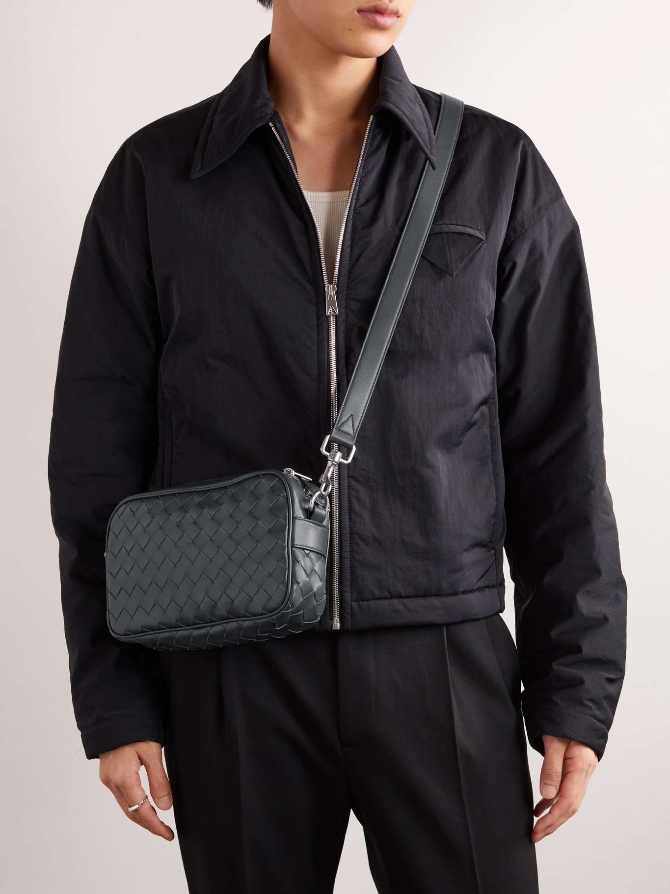 Bottega Veneta Men's Traveler Suede Shoulder Bag Silver