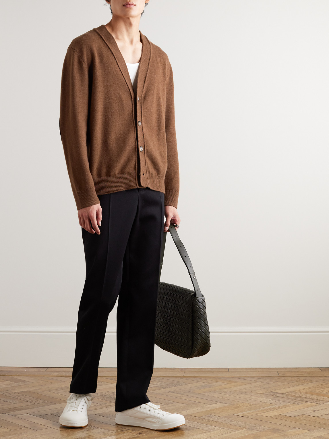 Intrecciato Leather-Trimmed Cashmere-Blend Cardigan