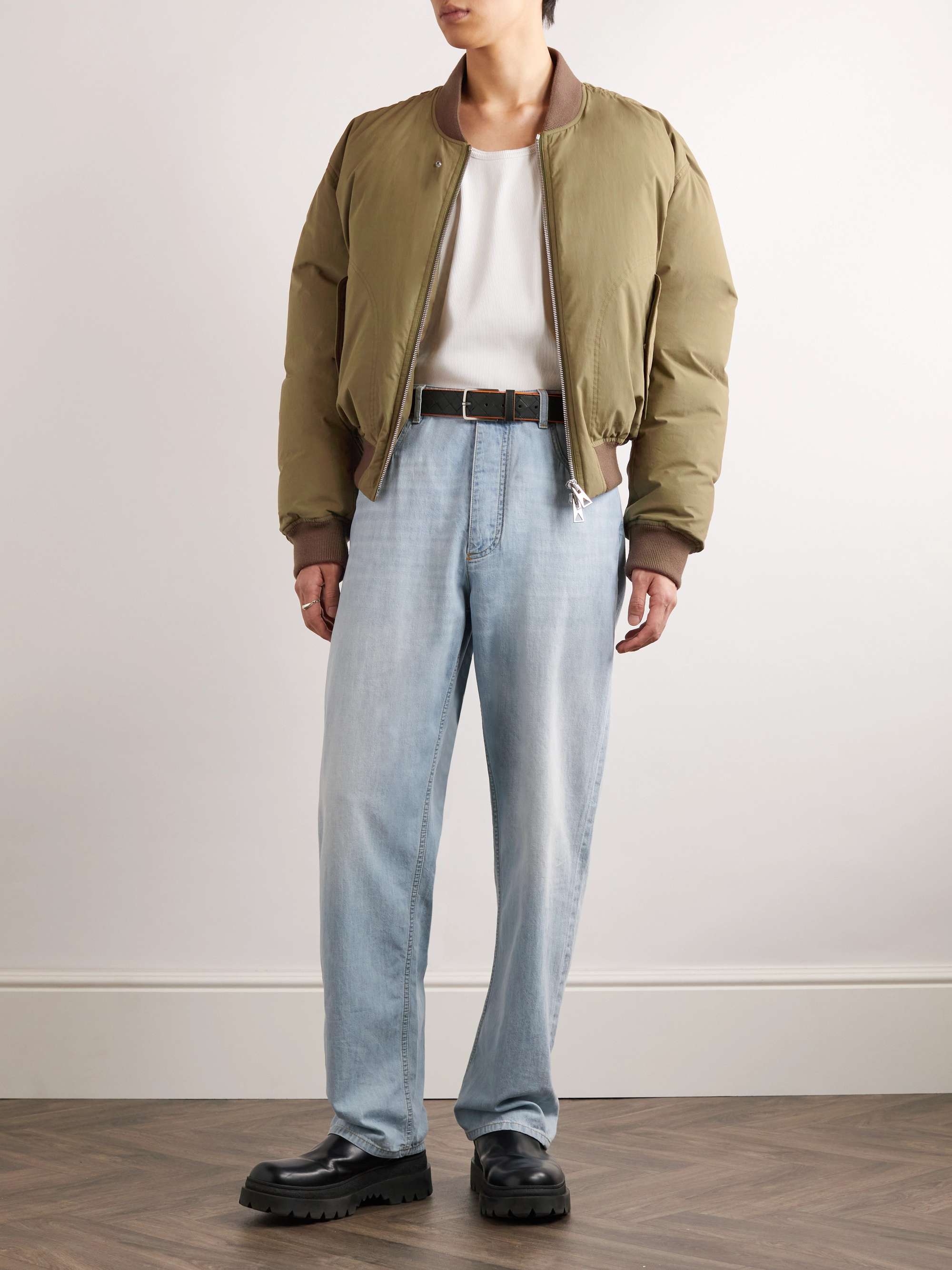 Blue Denim-print satin trousers, Bottega Veneta