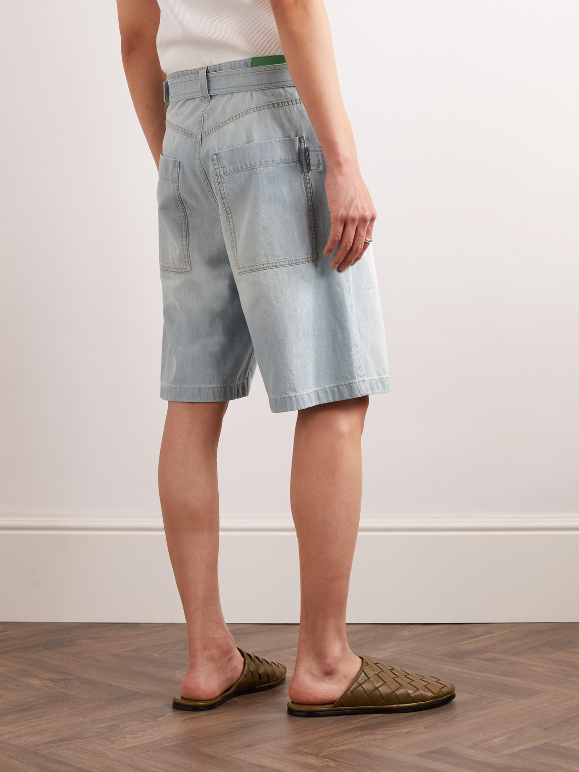 Shop Bottega Veneta Straight-leg Belted Denim Shorts In Blue