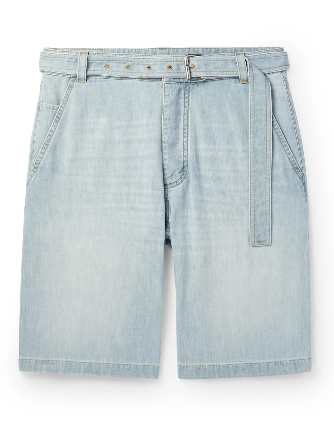 Shop Bottega Veneta Straight-leg Belted Denim Shorts In Blue