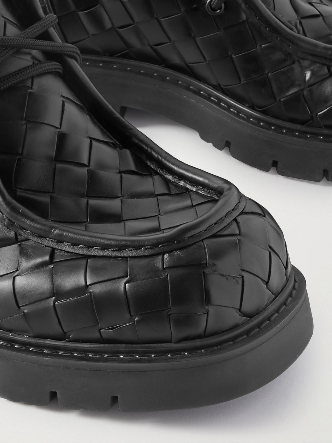 Shop Bottega Veneta Intrecciato Leather Derby Shoes In Black