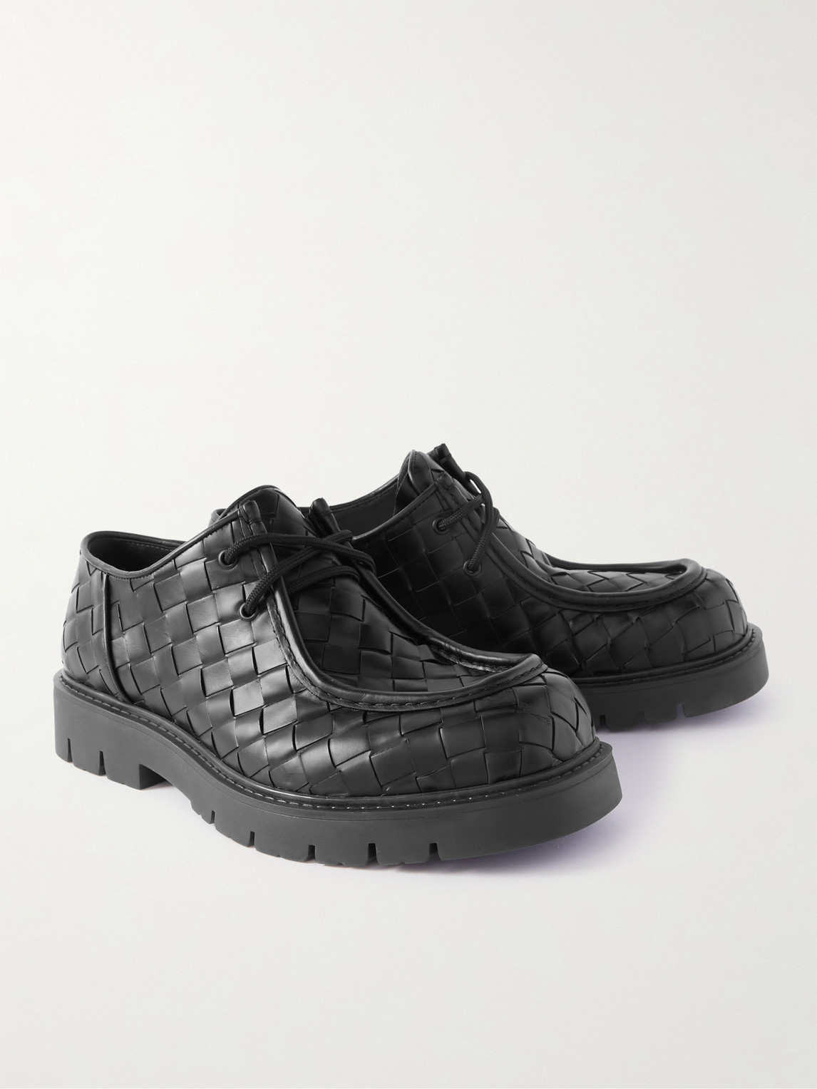 Shop Bottega Veneta Intrecciato Leather Derby Shoes In Black
