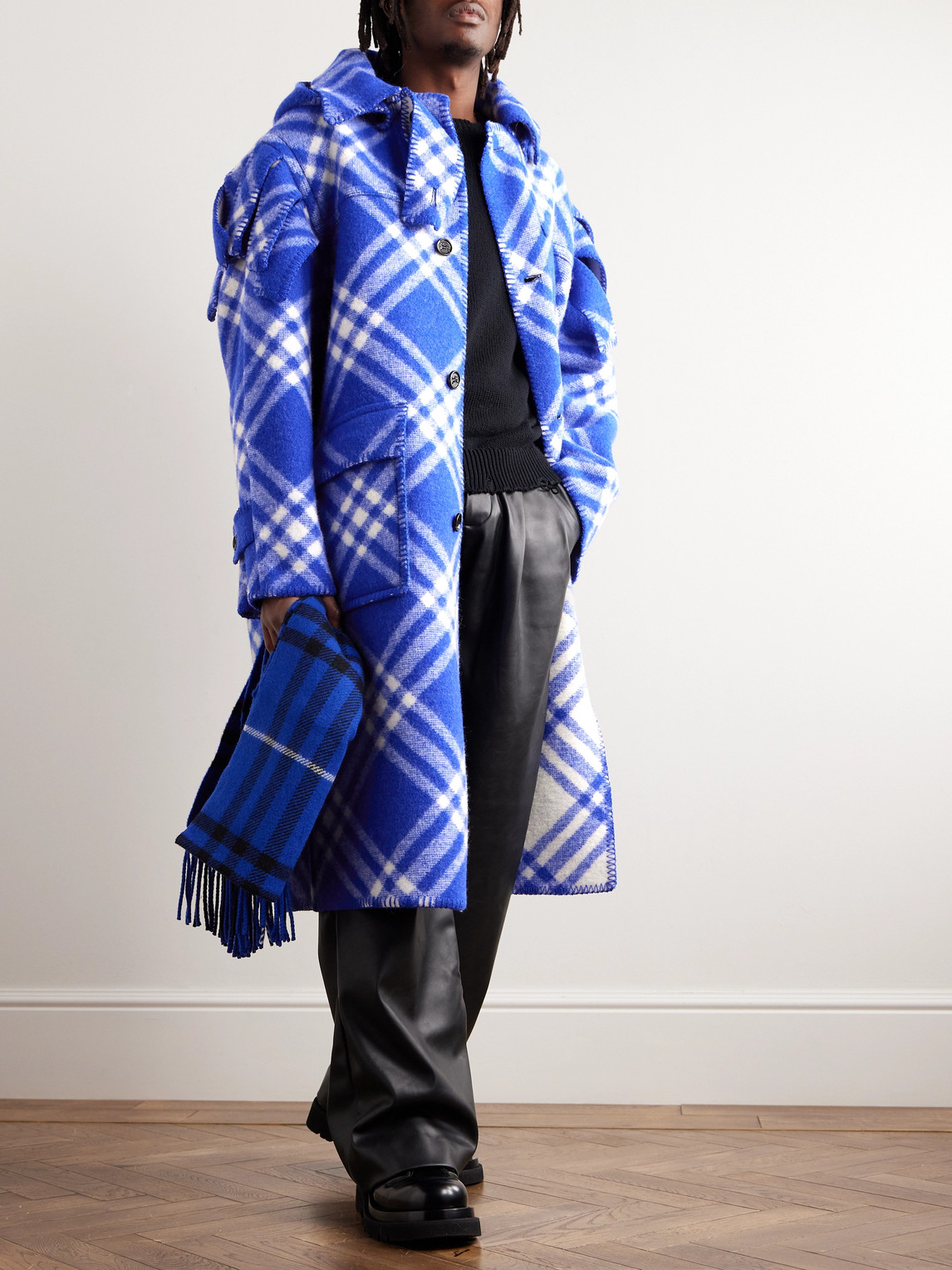 Shop Burberry Checked Wool Hooded Coat In Blue