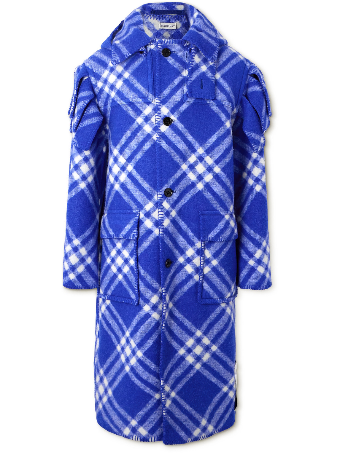 Shop Burberry Checked Wool Hooded Coat In Blue