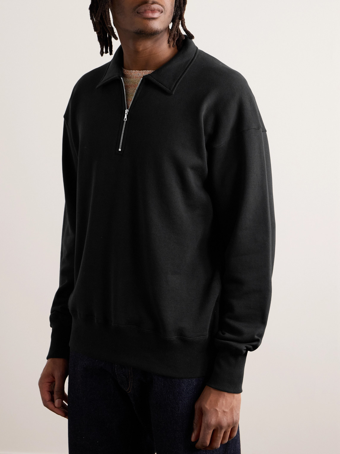 Shop Kaptain Sunshine Suvin Cotton-jersey Half-zip Sweater In Black