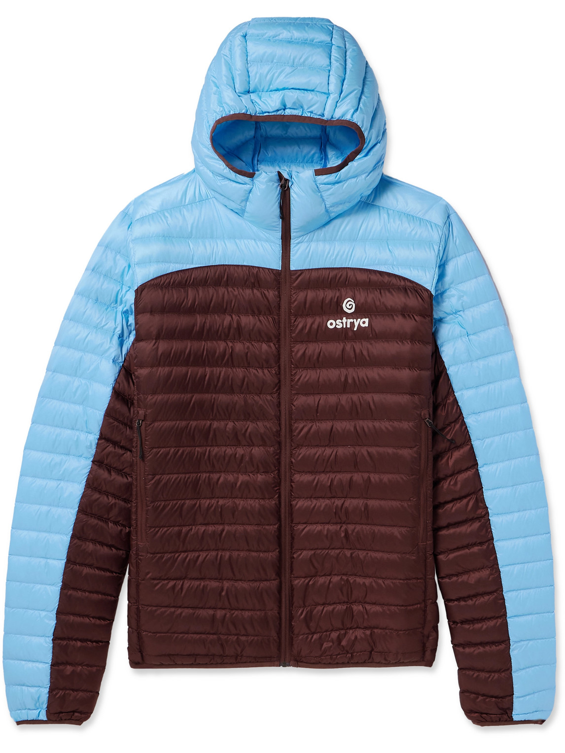 Ostrya Throwing Fits Sapwood Logo-print Colour-block Quilted Ripstop Hooded Down Jacket In Blue