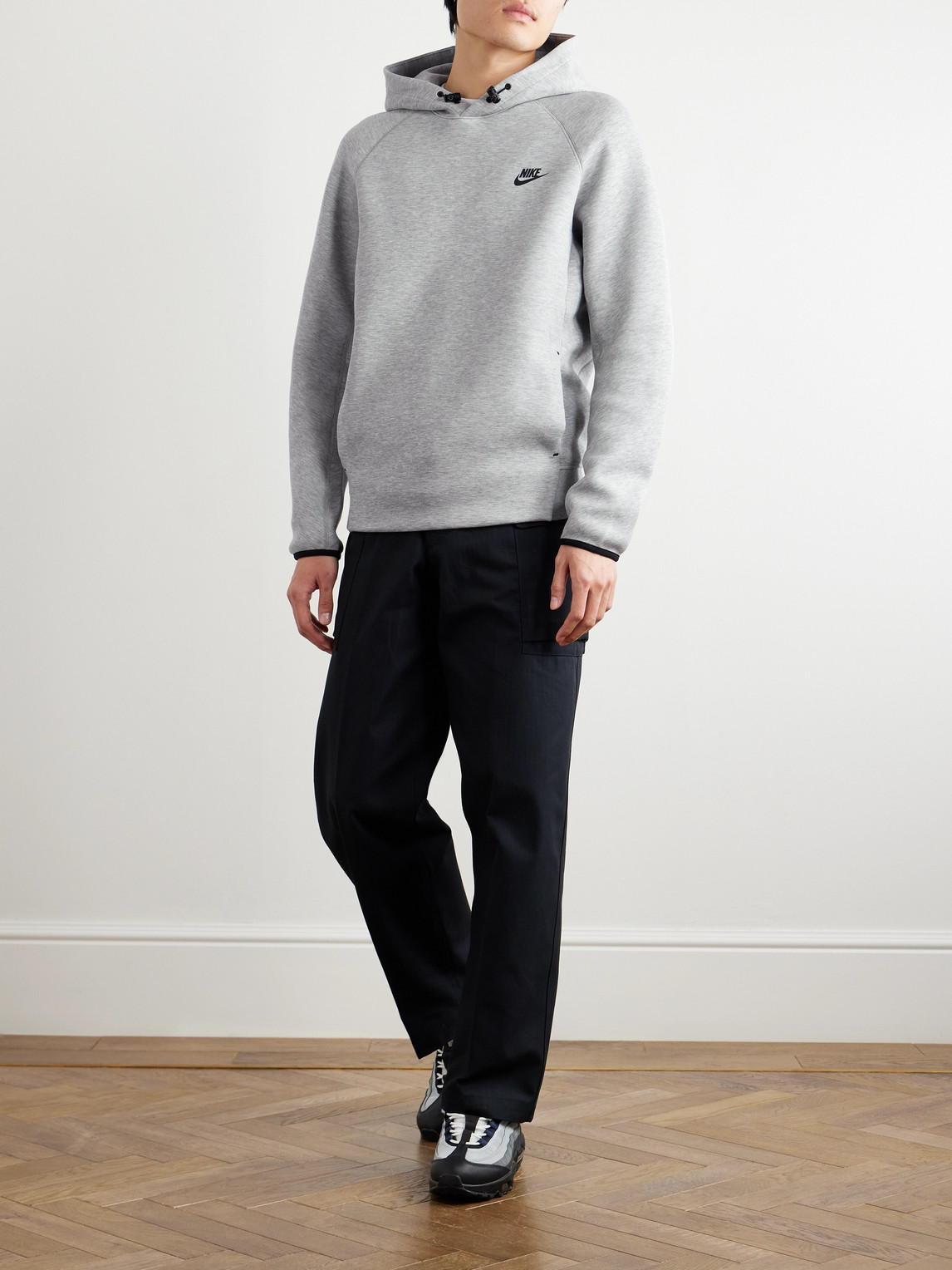 Shop Nike Logo-print Cotton-blend Tech Fleece Hoodie In Gray