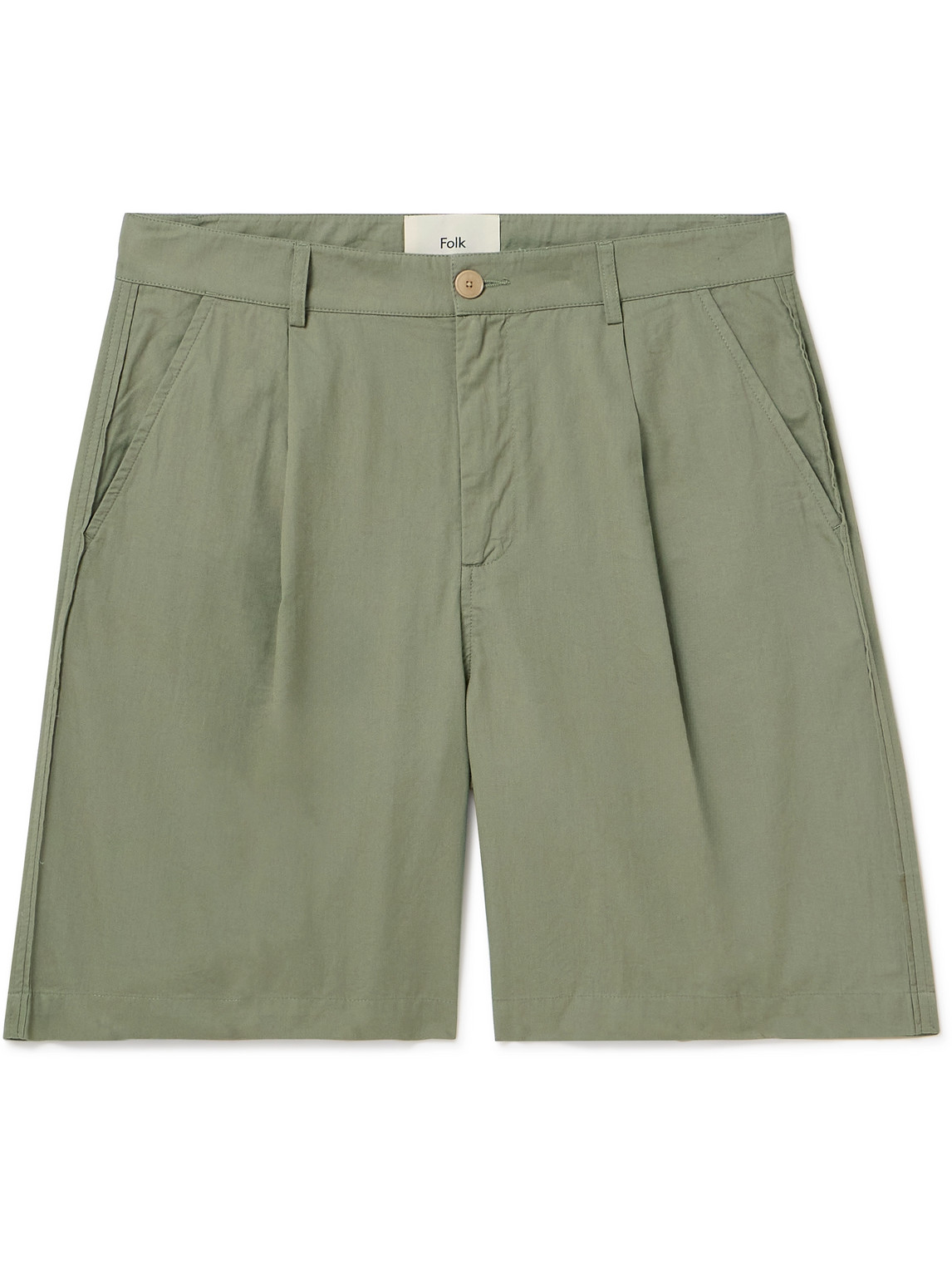 Folk Wide-leg Pleated Garment-dyed Cotton-twill Shorts In Green