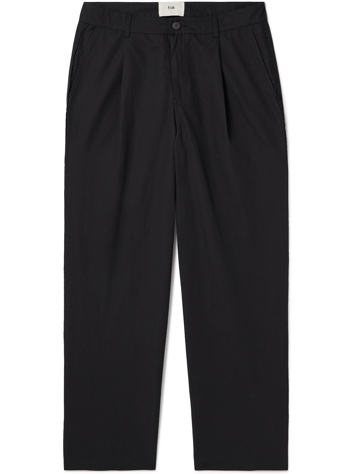 Folk Pleated Cotton And Linen-blend Twill Wide-leg Trousers In Black