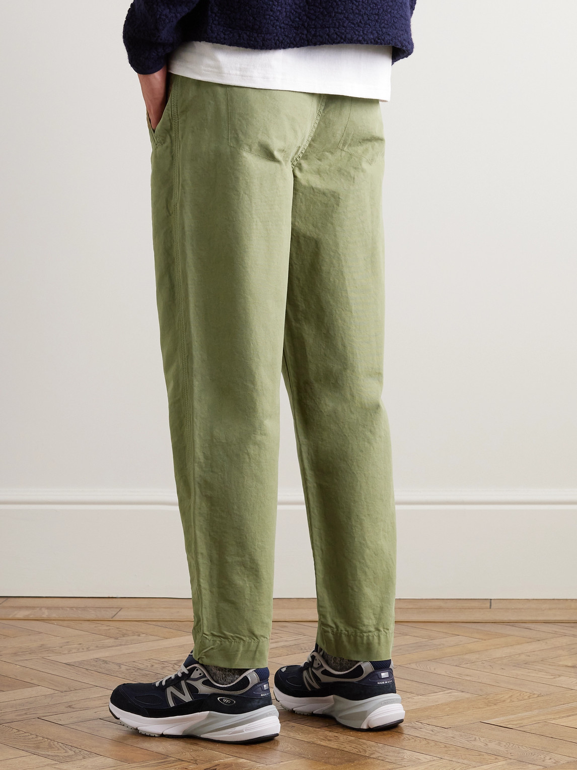 Shop Folk Assembly Straight-leg Pleated Cotton-twill Trousers In Green