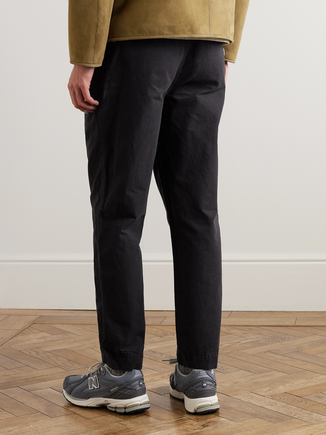 Shop Folk Assembly Straight-leg Pleated Cotton-twill Trousers In Black