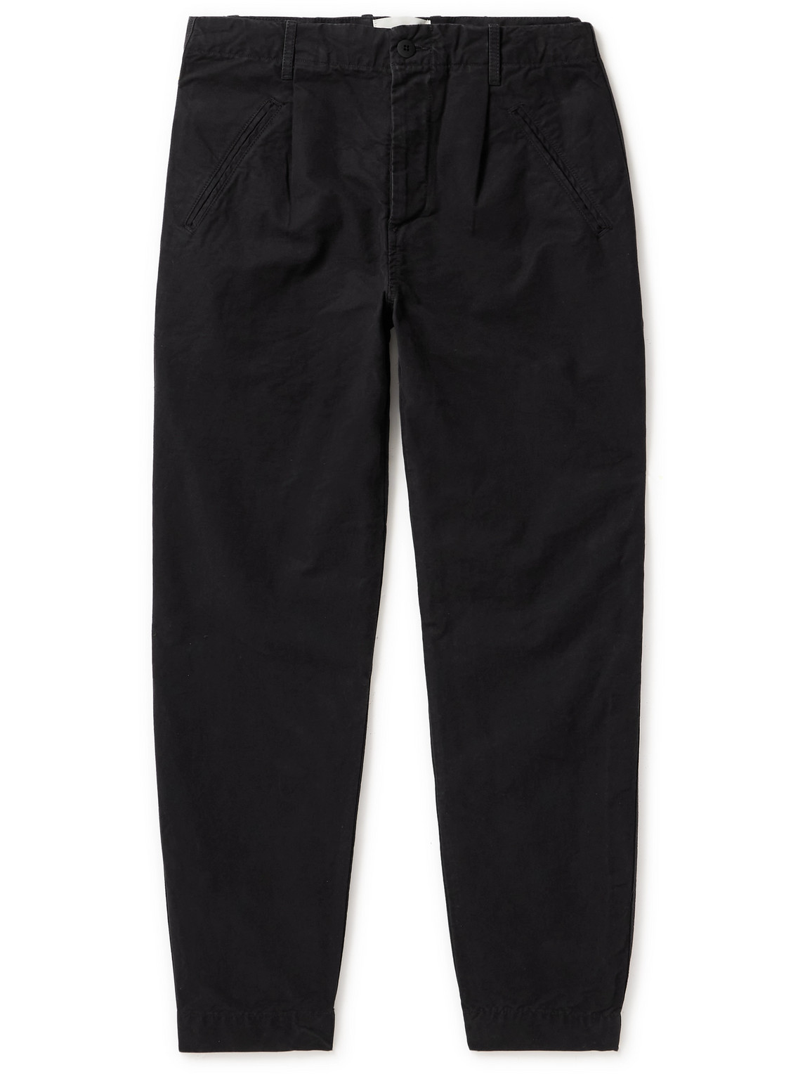 Folk Assembly Straight-leg Pleated Cotton-twill Trousers In Black