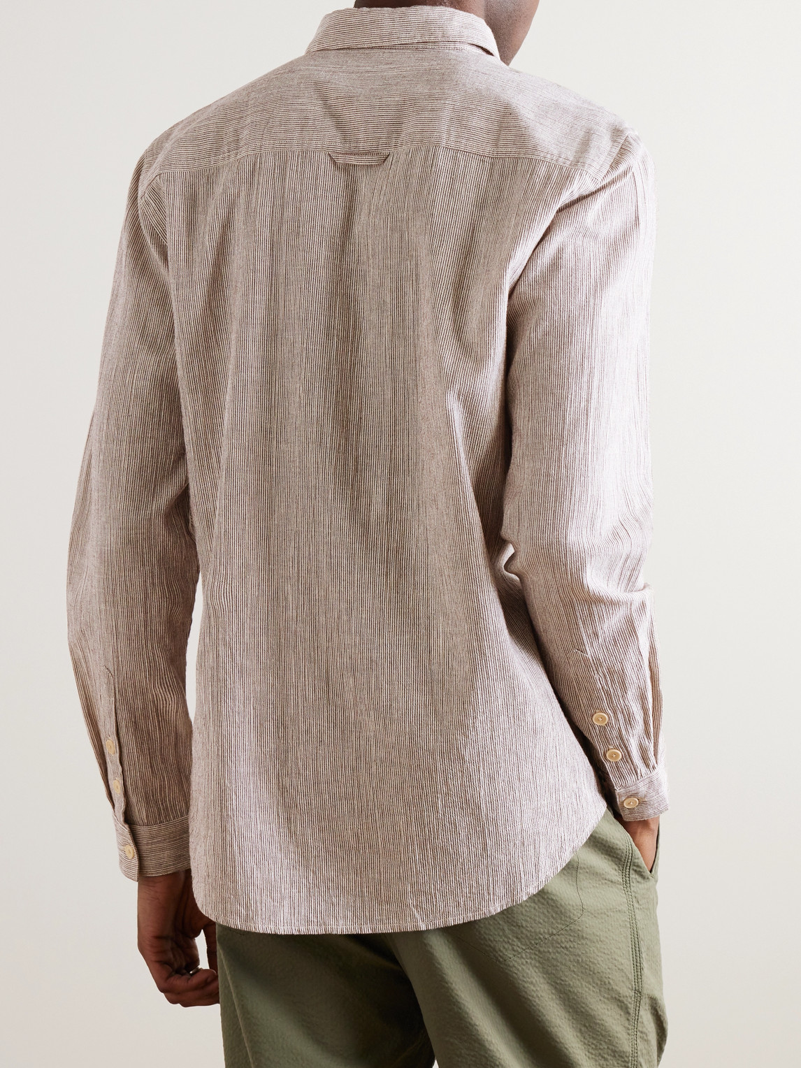 Shop Folk Button-down Collar Striped Cotton, Linen And Ramie-blend Shirt In Brown