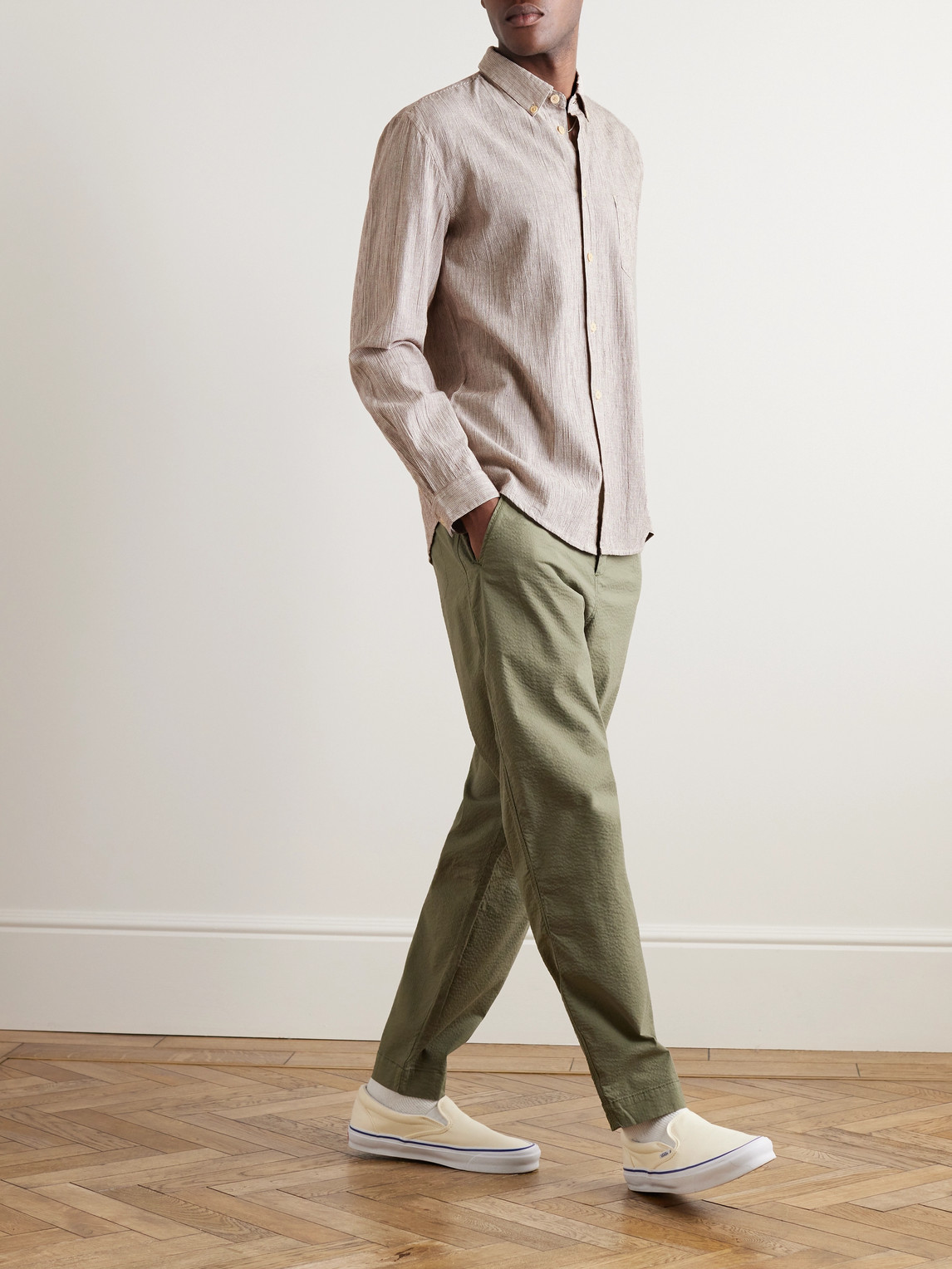 Shop Folk Button-down Collar Striped Cotton, Linen And Ramie-blend Shirt In Brown