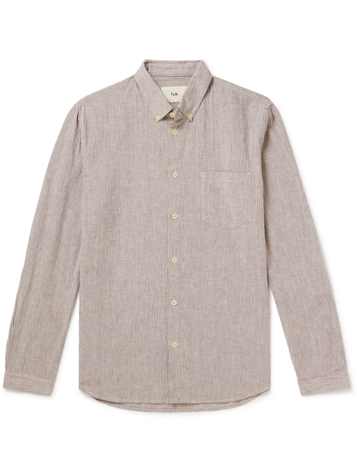 Folk Button-down Collar Striped Cotton, Linen And Ramie-blend Shirt In Brown