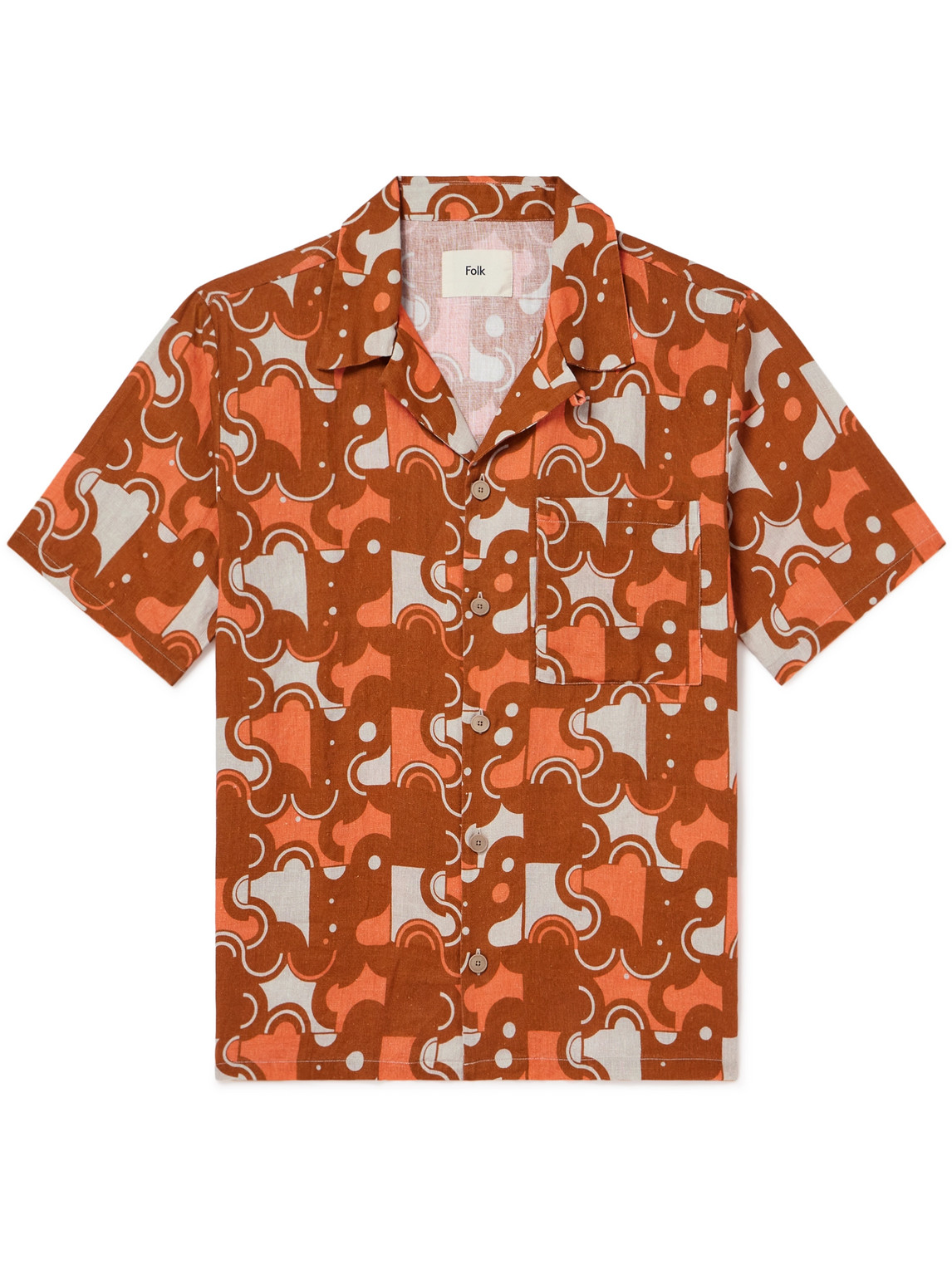 Folk Camp-collar Printed Ramie Shirt In Red