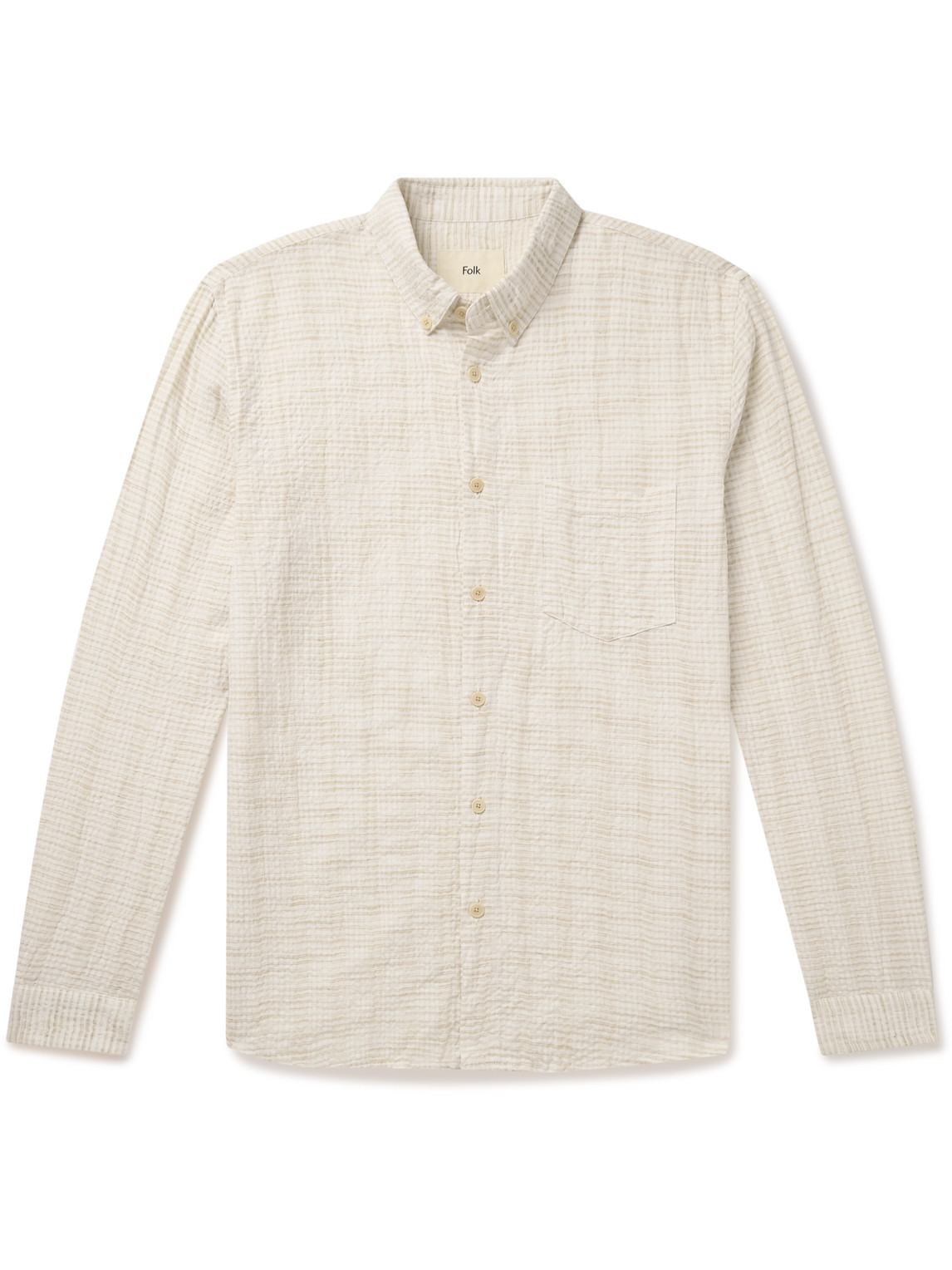 Folk Button-down Collar Striped Cotton And Linen-blend Seersucker Shirt In Neutrals