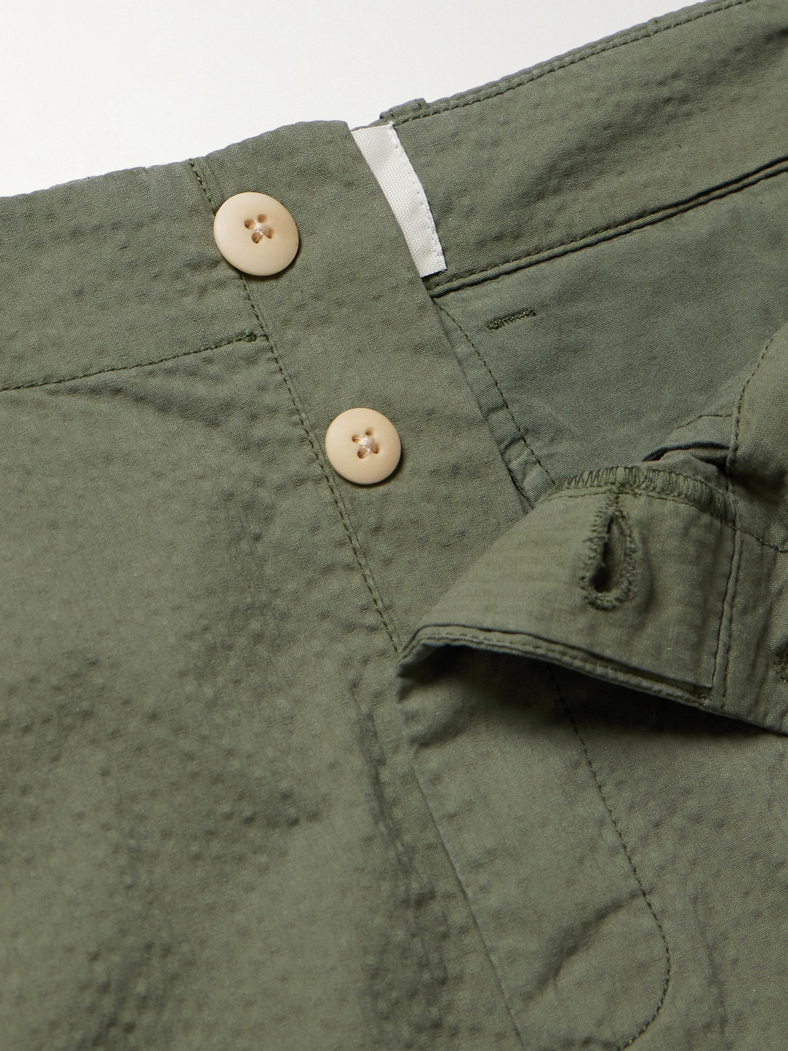 Shop Folk Assembly Tapered Stretch-cotton Seersucker Trousers In Green