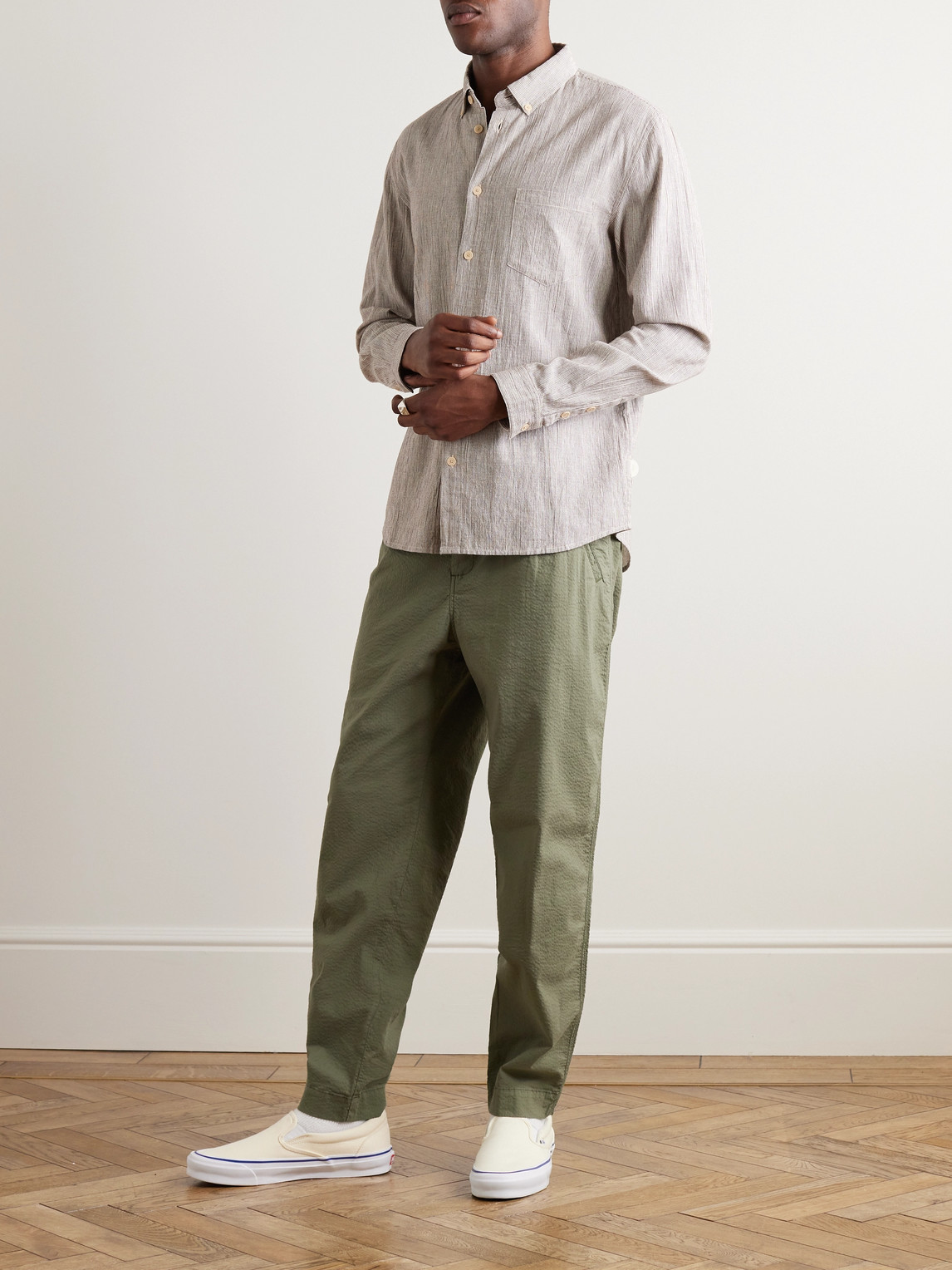 Shop Folk Assembly Tapered Stretch-cotton Seersucker Trousers In Green