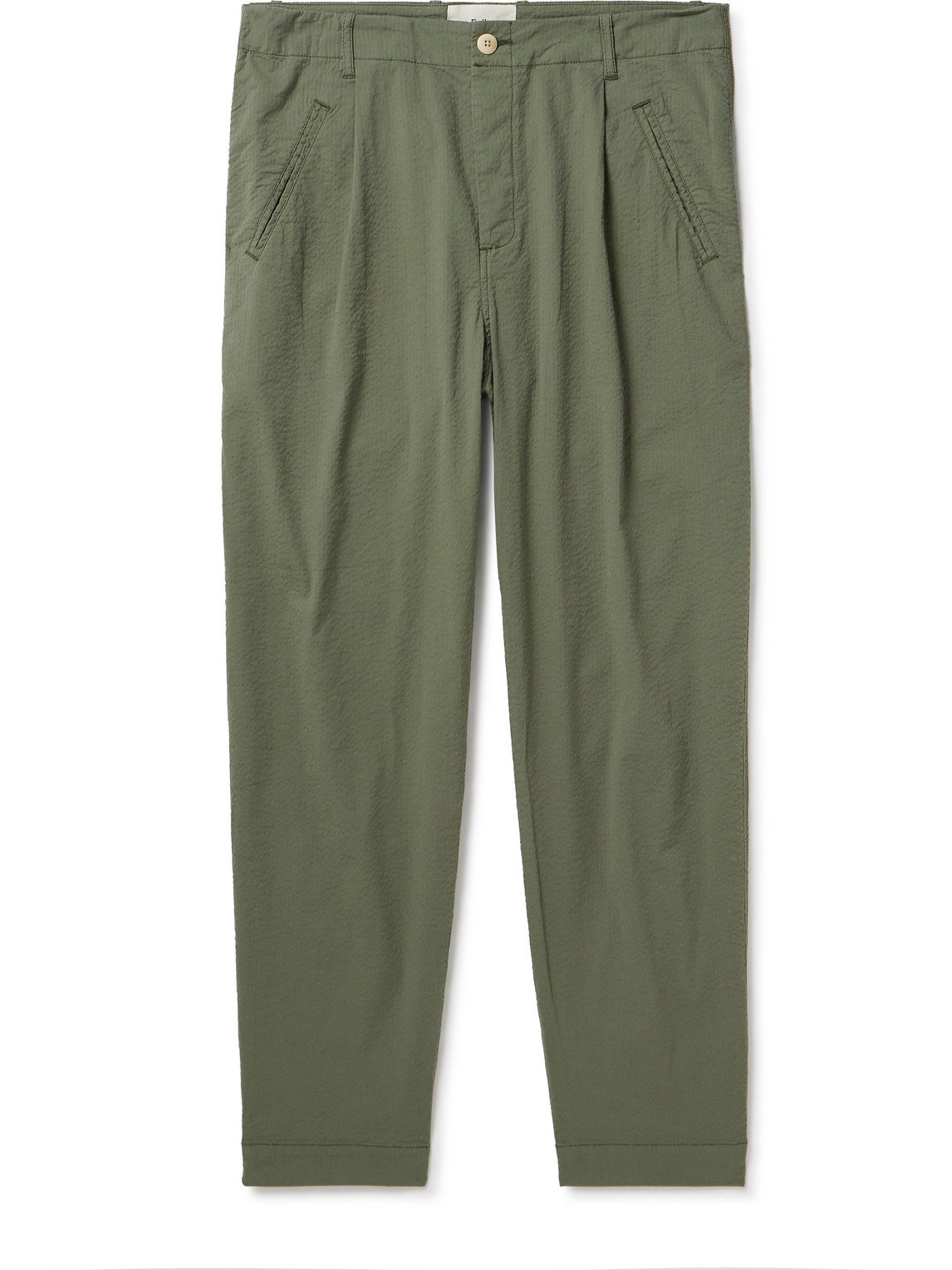 Folk Assembly Tapered Stretch-cotton Seersucker Trousers In Green