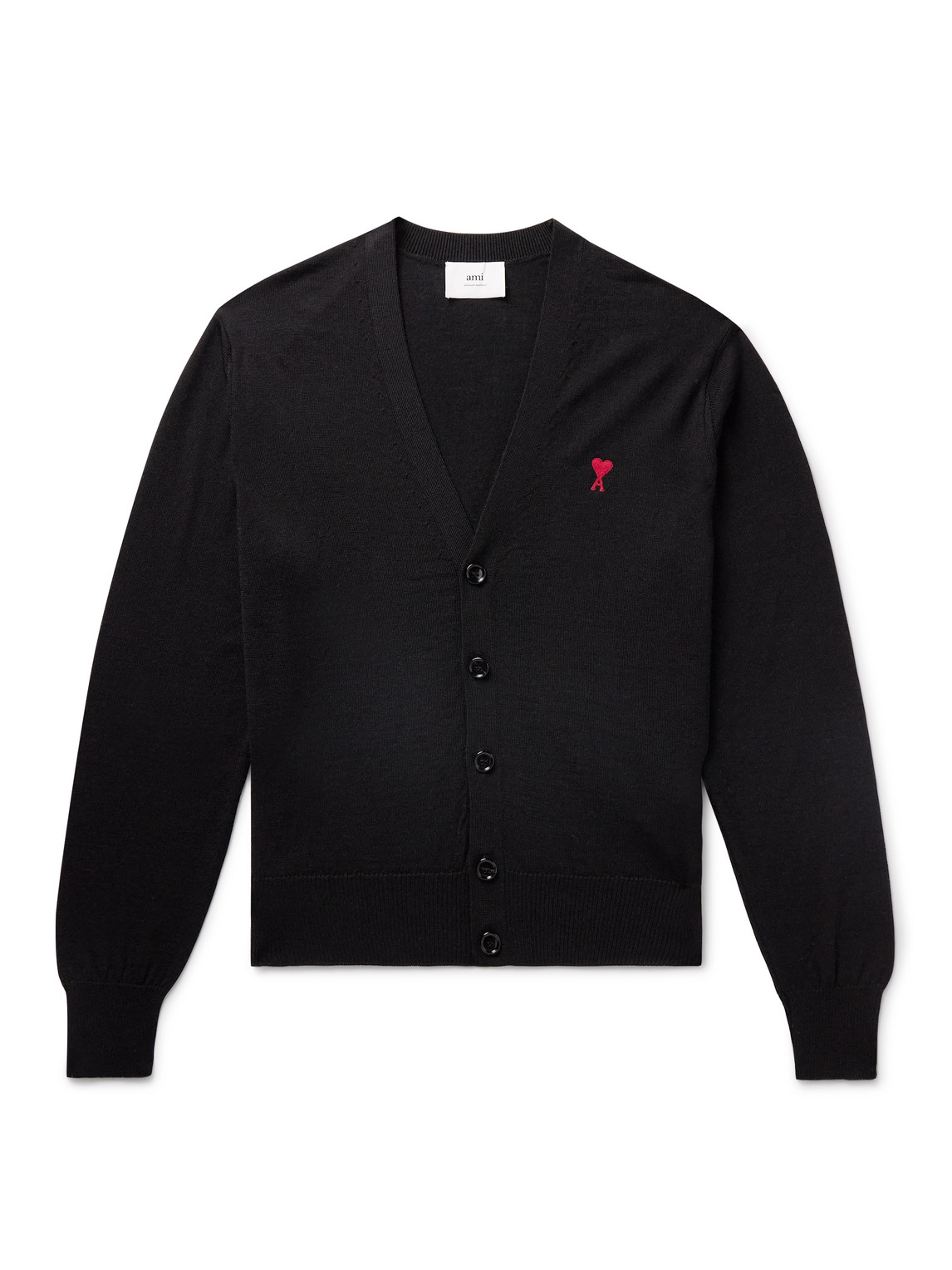 Ami Alexandre Mattiussi Slim-fit Logo-embroidered Merino Wool Cardigan In Black