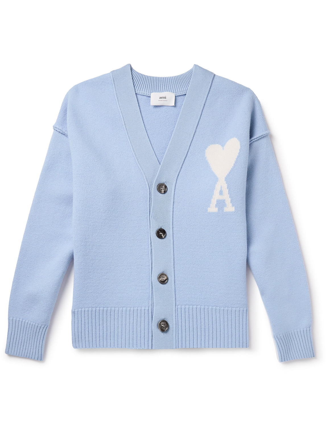 Shop Ami Alexandre Mattiussi Logo-intarsia Virgin Wool Cardigan In Blue