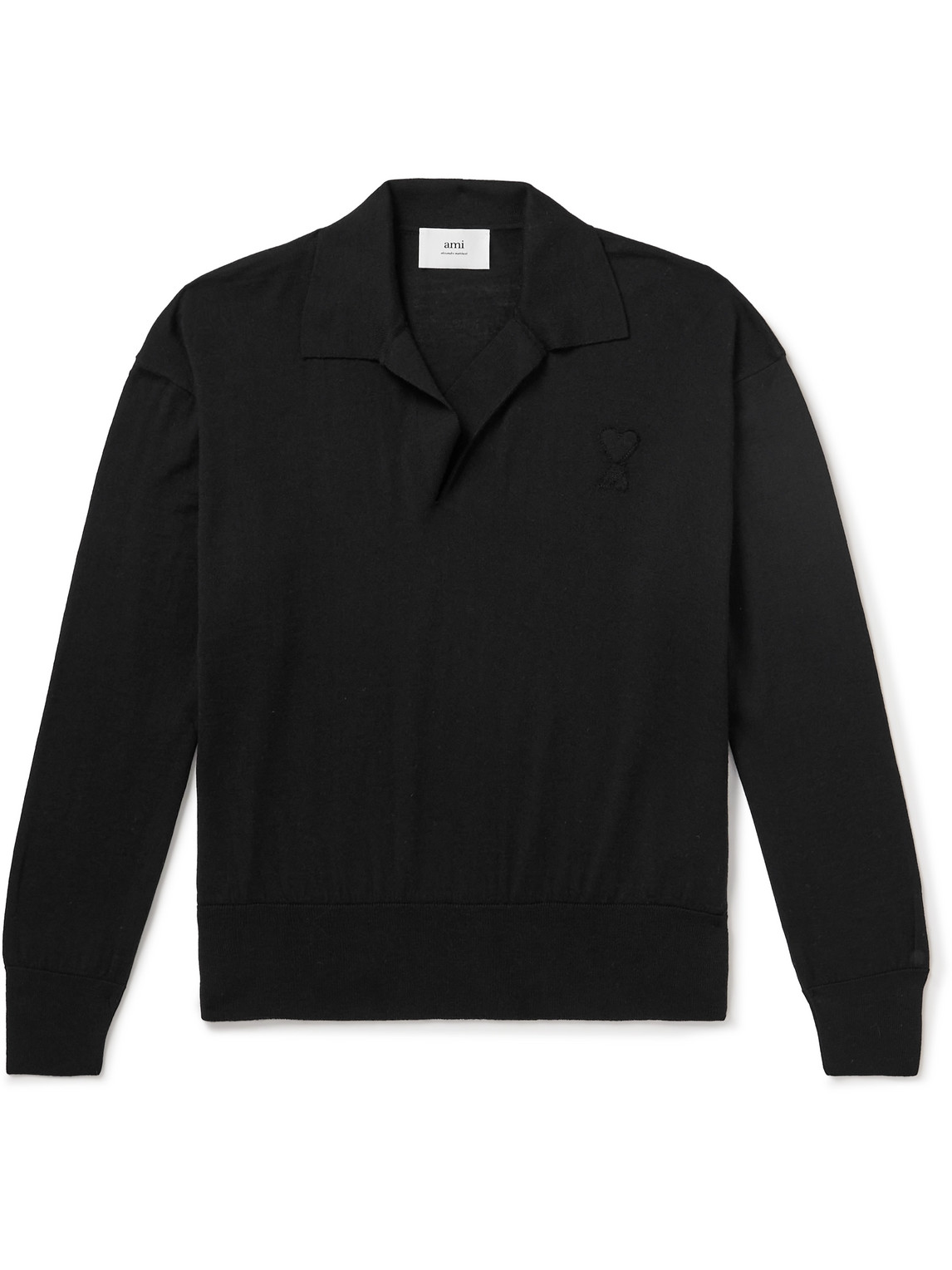 Ami Alexandre Mattiussi Logo-embroidered Merino Wool Polo Shirt In Black