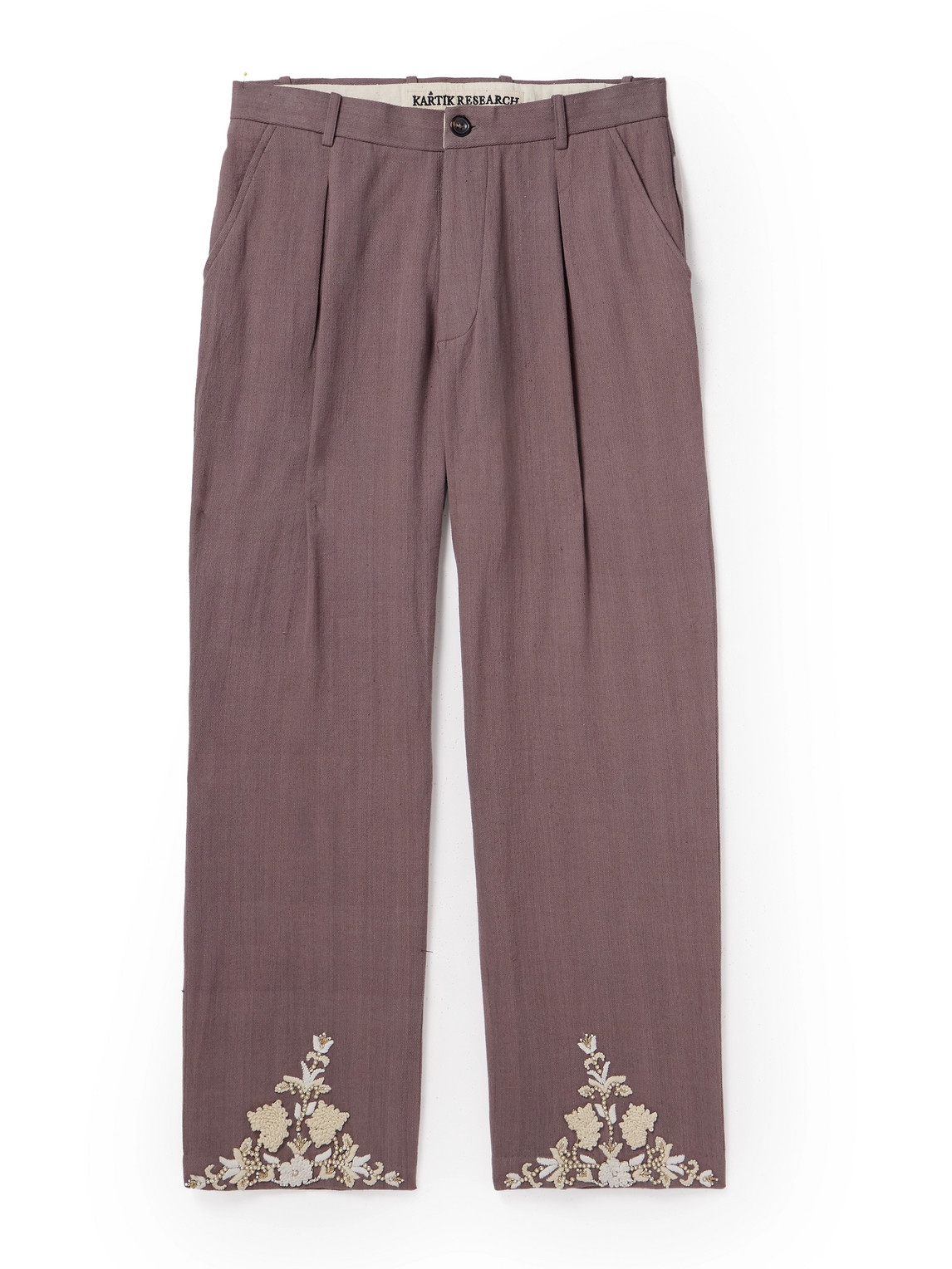 Straight-Leg Embellished Pleated Cotton Trousers