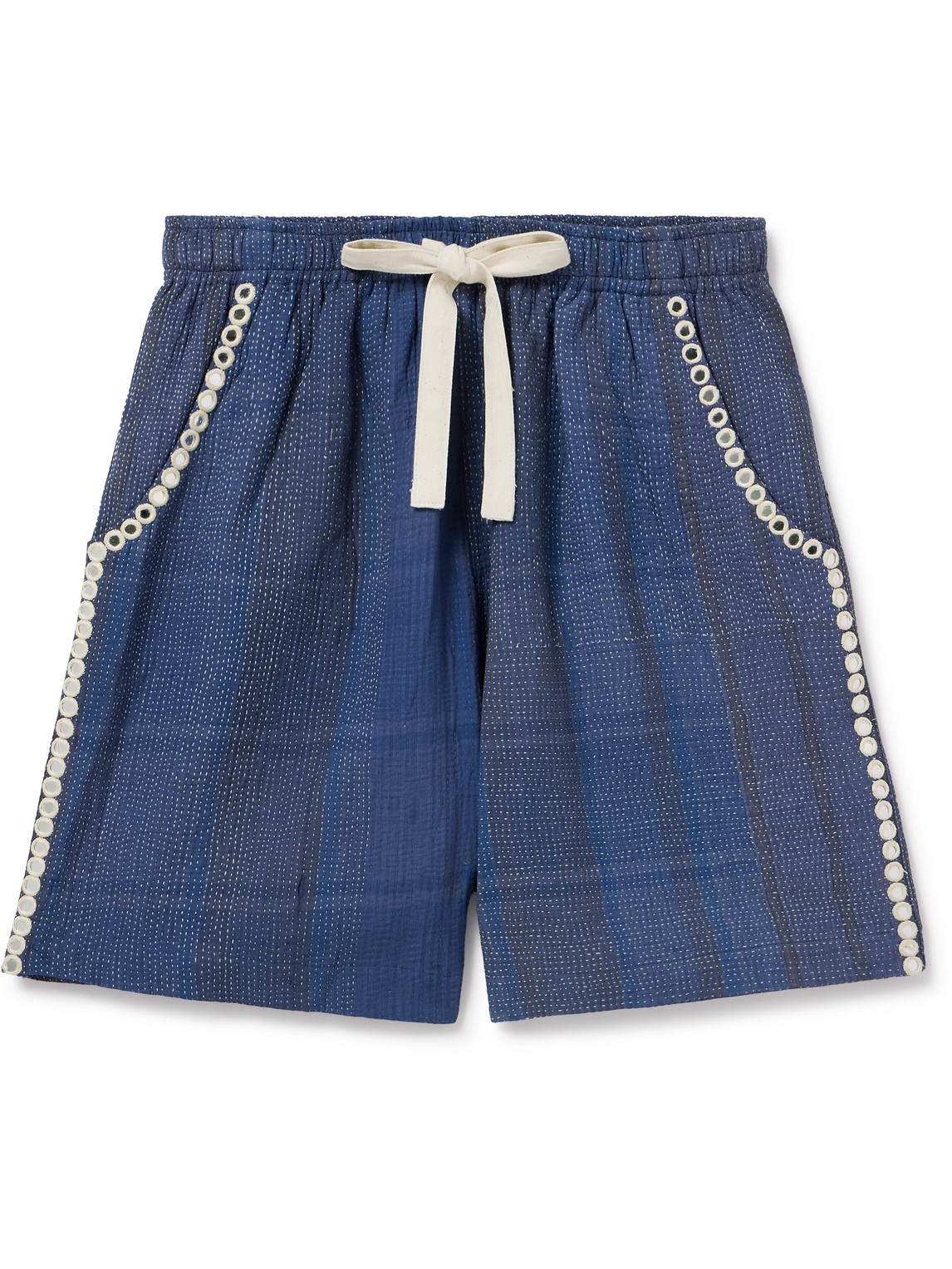 Kartik Research Embellished Embroidered Cotton Drawstring Shorts In Blue