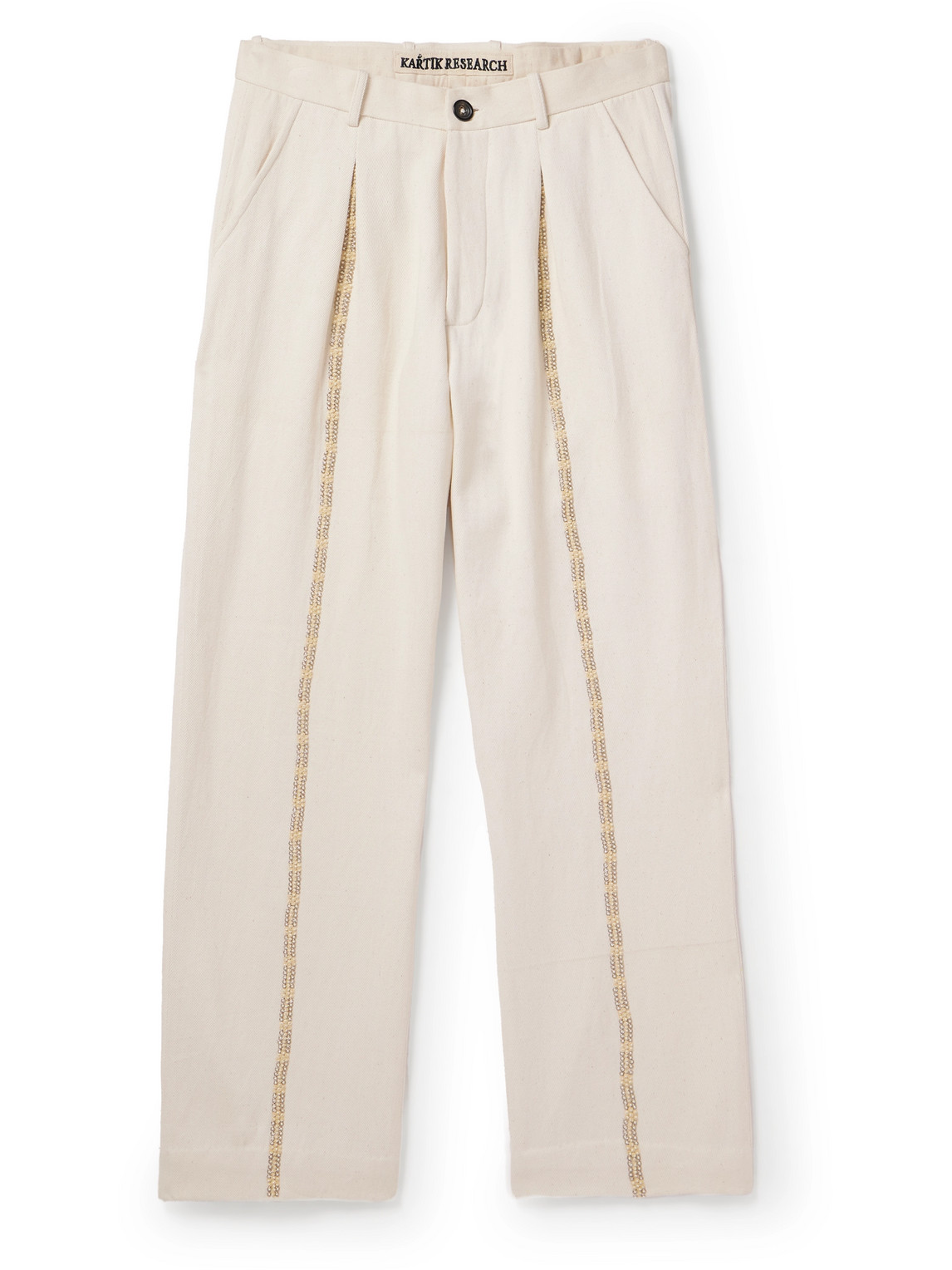 Embellished Pleated Cotton Straight-Leg Trousers