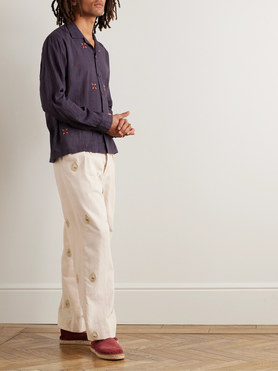 Shop Kartik Research Straight-leg Embellished Pleated Cotton Trousers In Neutrals