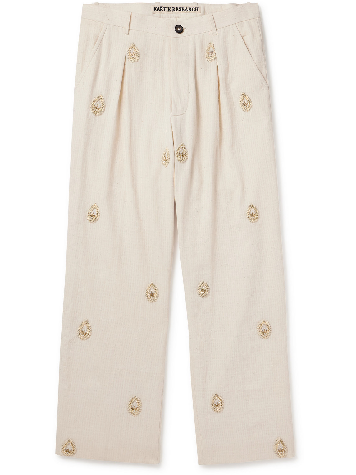 Kartik Research Straight-leg Embellished Pleated Cotton Trousers In Neutrals