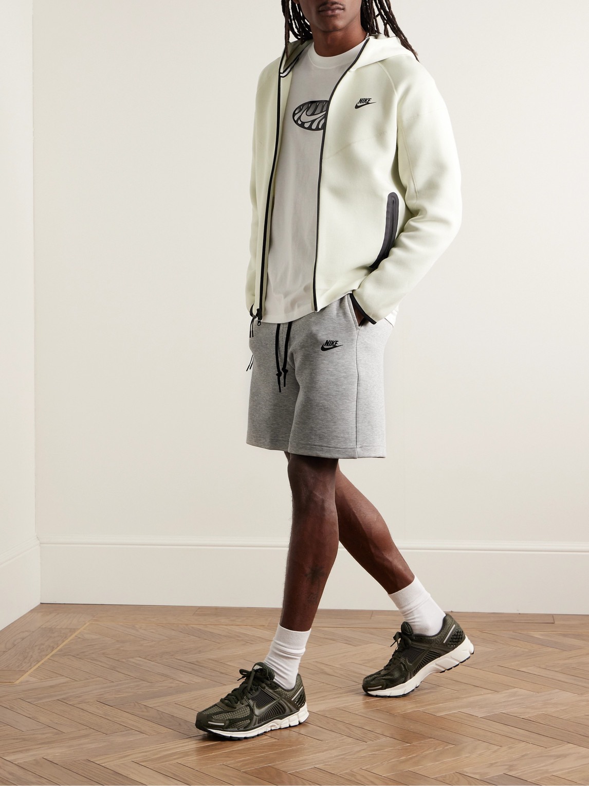 Shop Nike Straight-leg Logo-print Cotton-blend Tech Fleece Drawstring Shorts In Gray