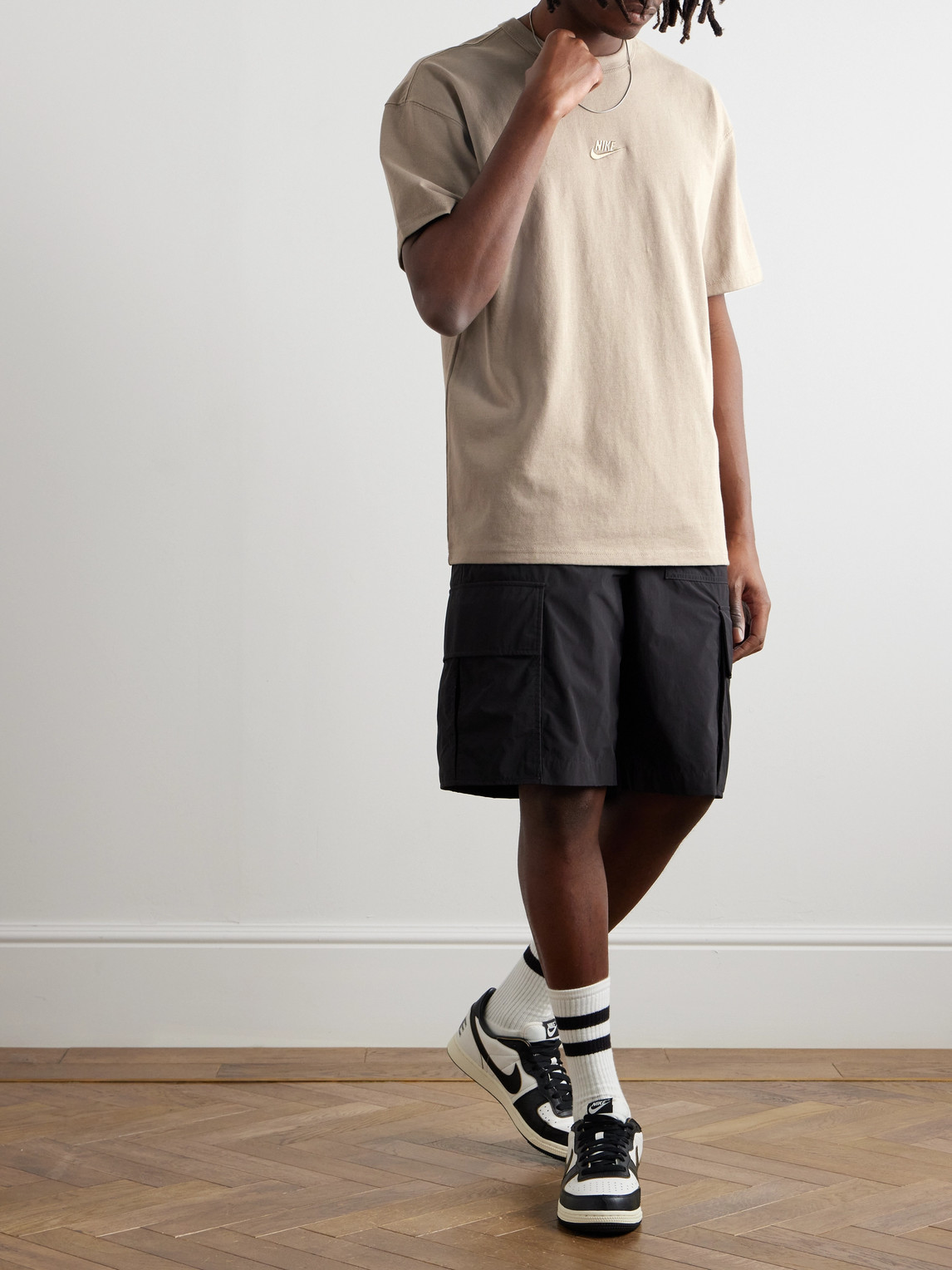 Shop Nike Sportswear Premium Essentials Logo-embroidered Cotton-jersey T-shirt In Neutrals