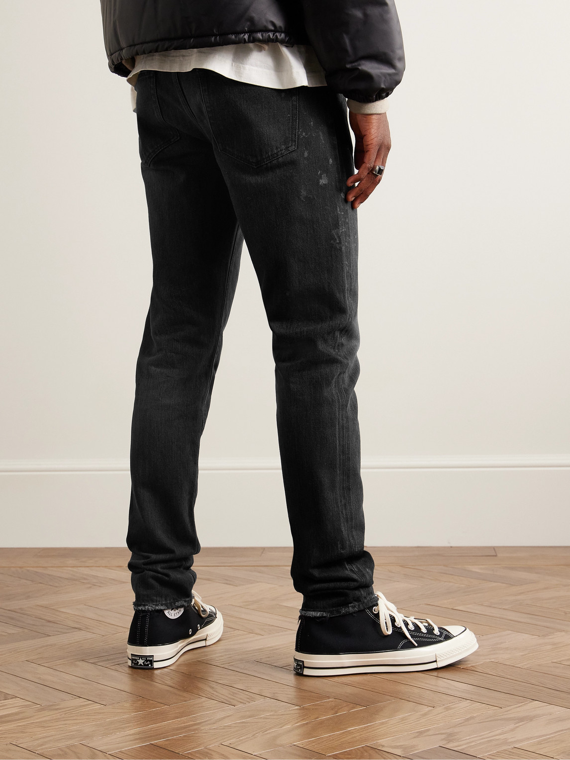 Shop John Elliott The Cast 2 Slim-fit Distressed Paint-splattered Selvedge Jeans In Black