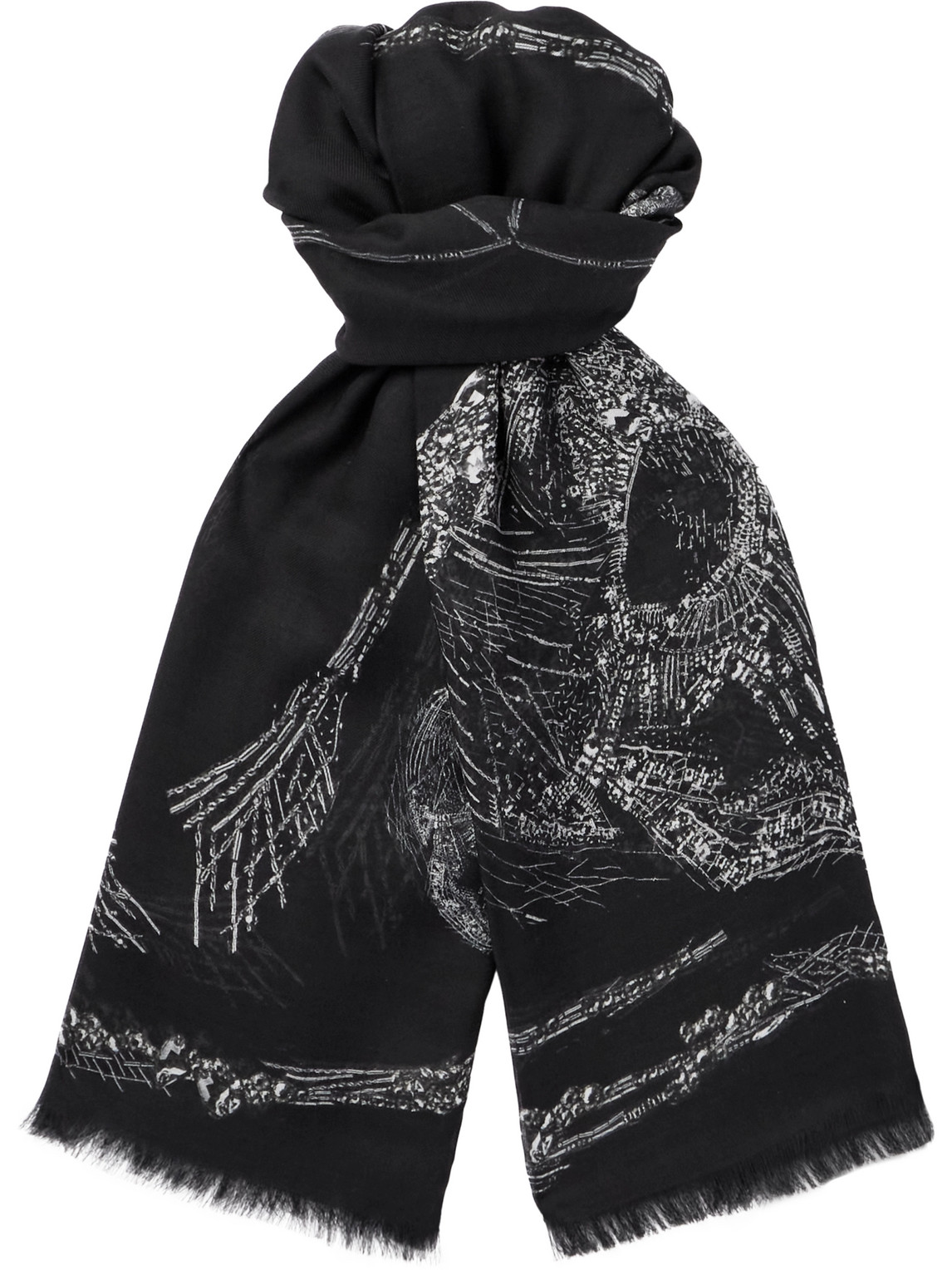 Alexander Mcqueen Fringed Printed Lyocell-twill Scarf In Black