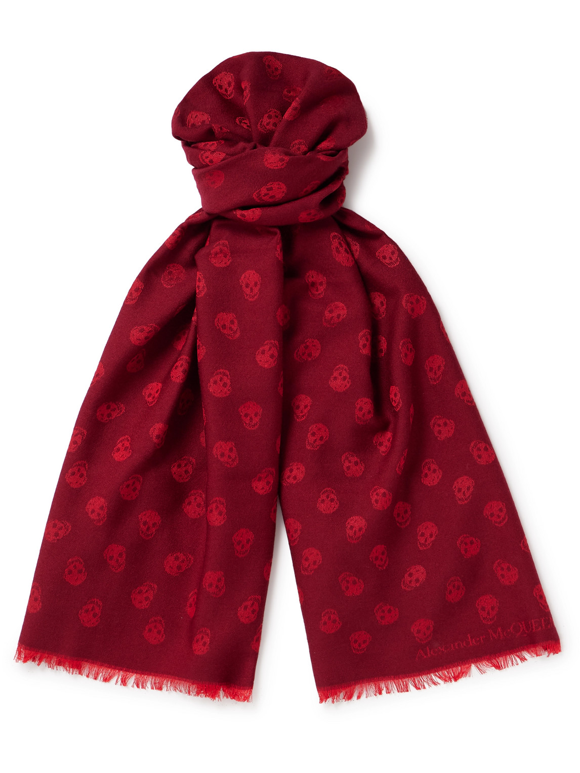 Alexander Mcqueen Reversible Fringed Logo-jacquard Wool Scarf In Red
