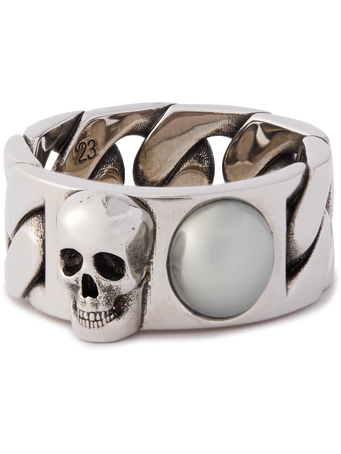 Alexander Mcqueen Pearl And Skull Chain Ring In Silver